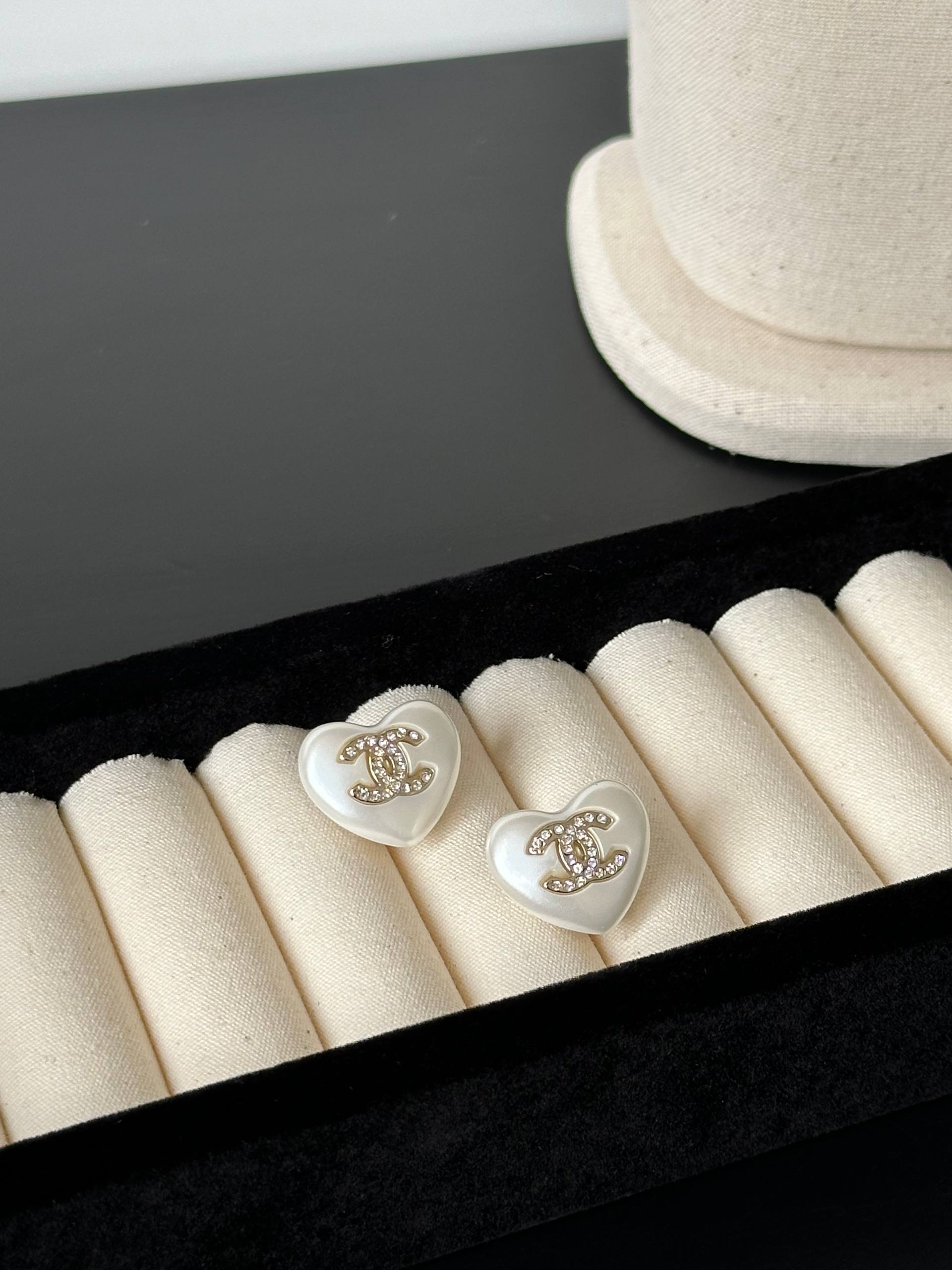 Chanel Heart Mother-of-Pearl Crystal CC Stud Earrings