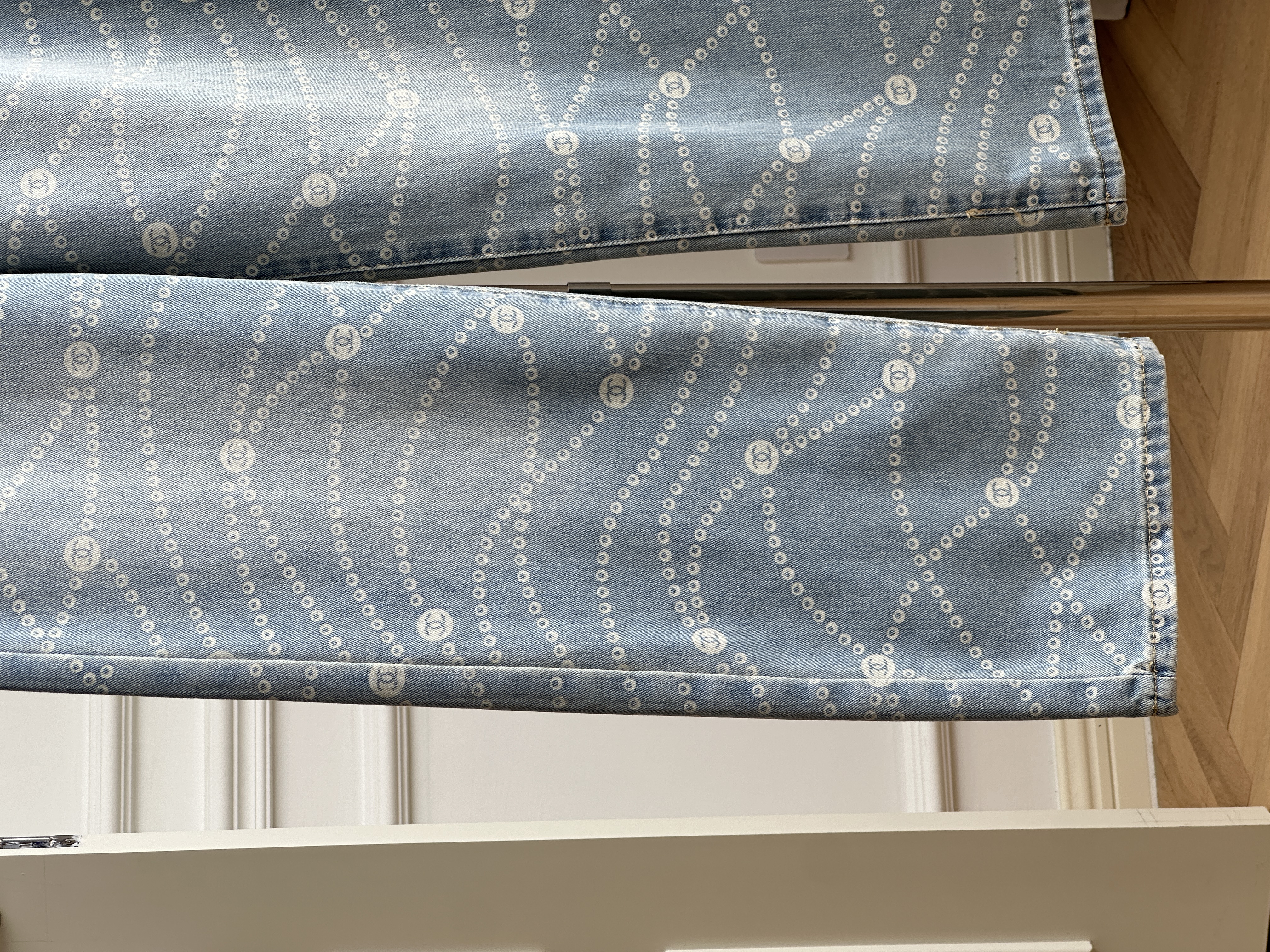 Chanel 25P Light Blue Pearl Chain Print Straight-Leg Jeans