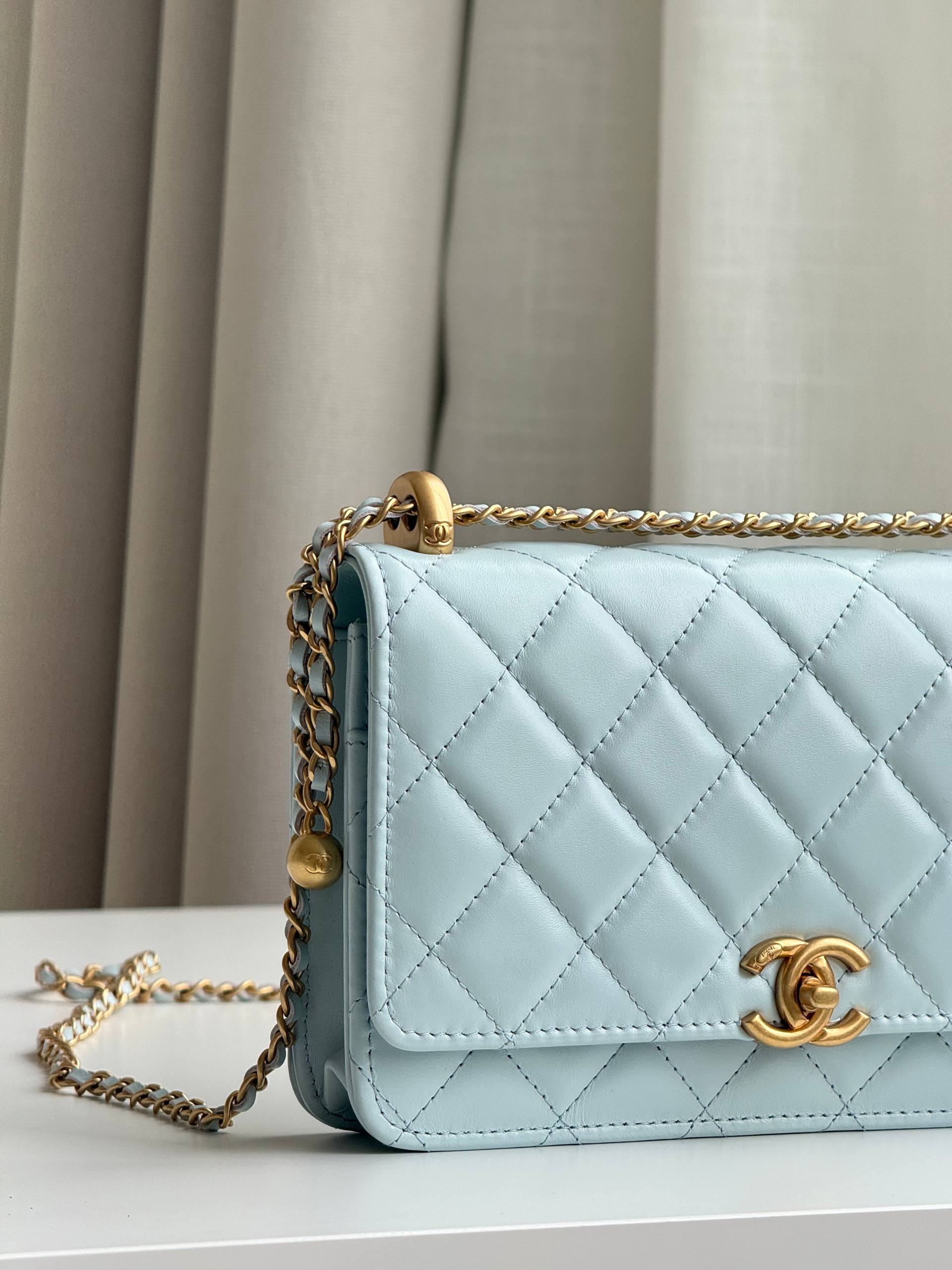 Chanel Pale Blue Lambskin Gold Bead Crossbody Bag