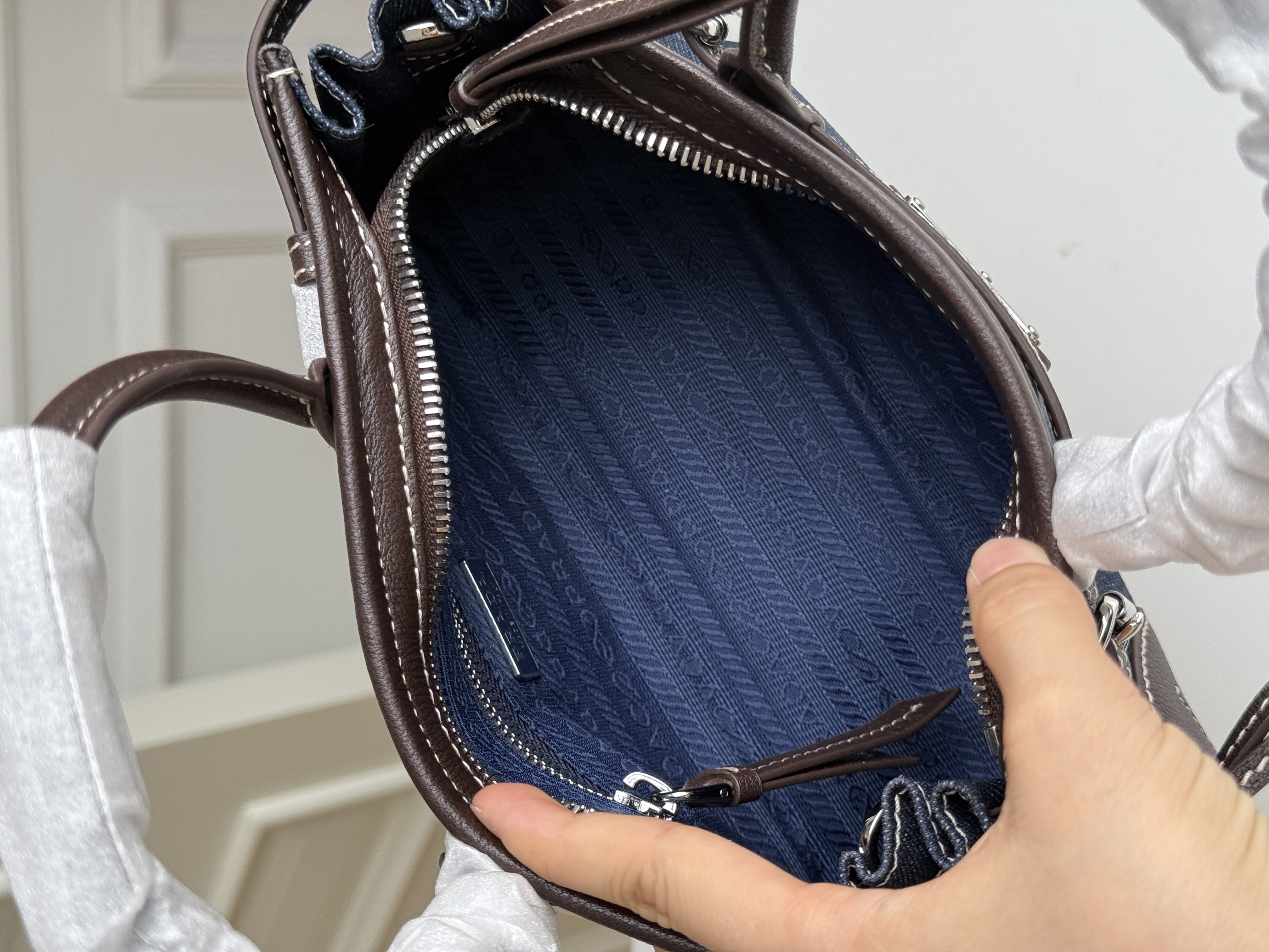 Prada Dark Blue Denim & Leather Trim Triangle Logo Tote Handbag
