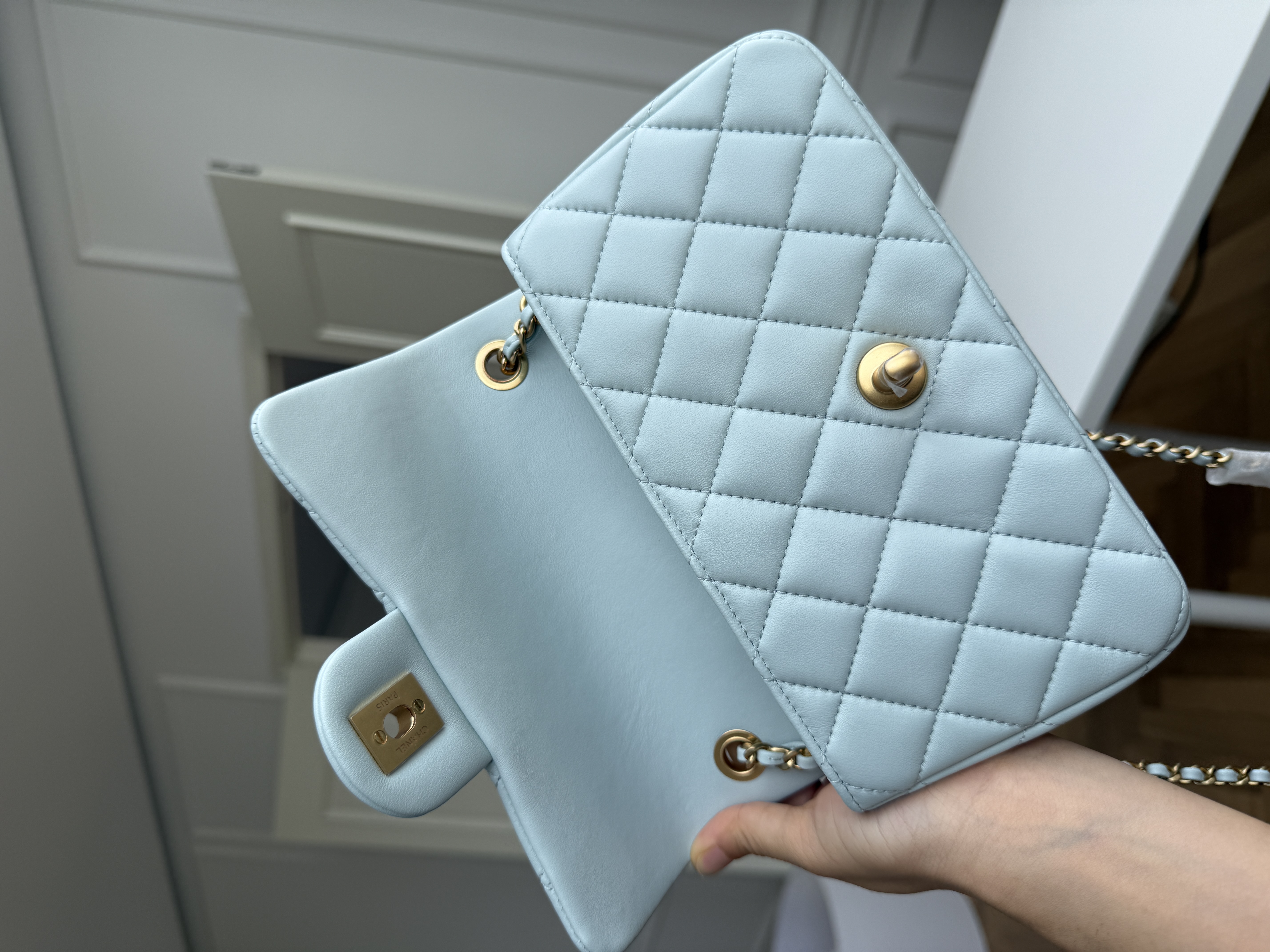Chanel Light Blue Caviar Leather Classic Flap Silver CC Chain Bag