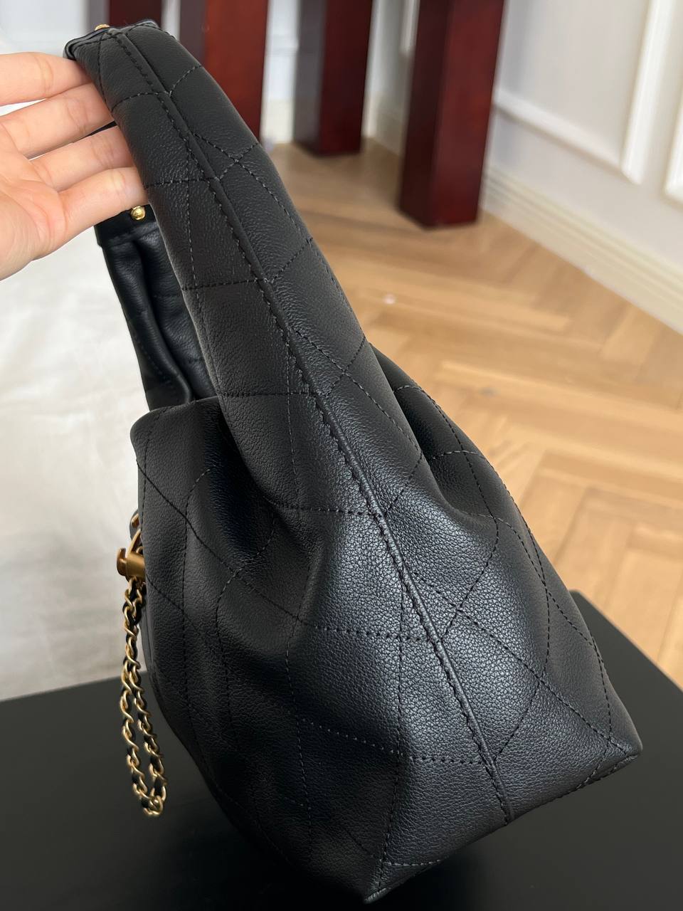 Chanel Black Caviar Leather Quilted Gold CC Lock Top Handle Hobo Underarm Bag