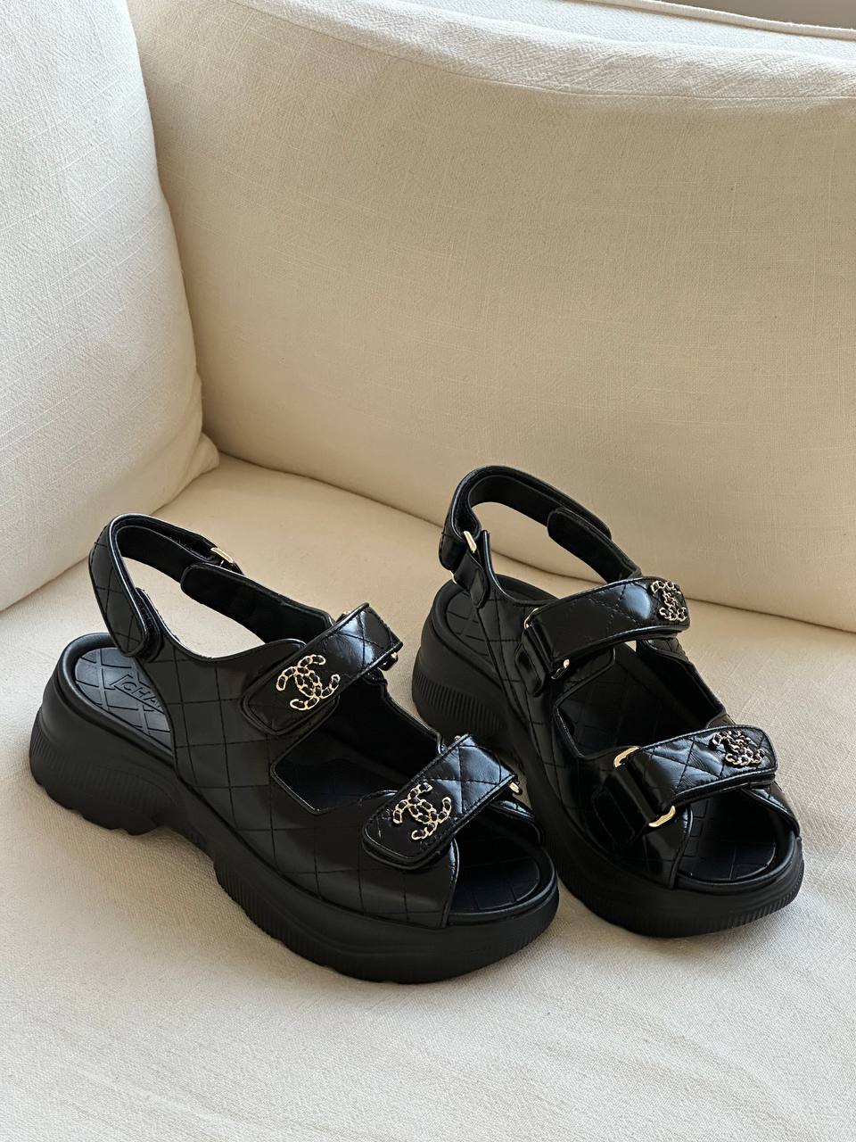Chanel Black Quilted CC Gold Logo Velcro Chunky Platform Dad Sandals