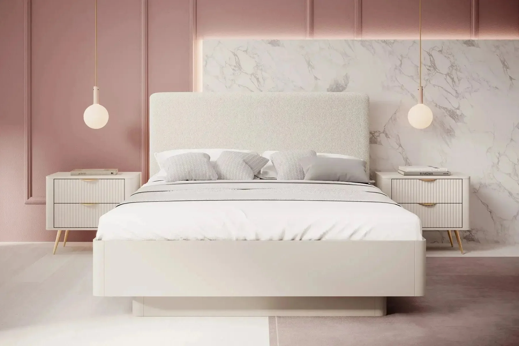 LANTEA - Chambre complète avec Lit coffre 160×200 cm, chevets intégré, commode et armoire