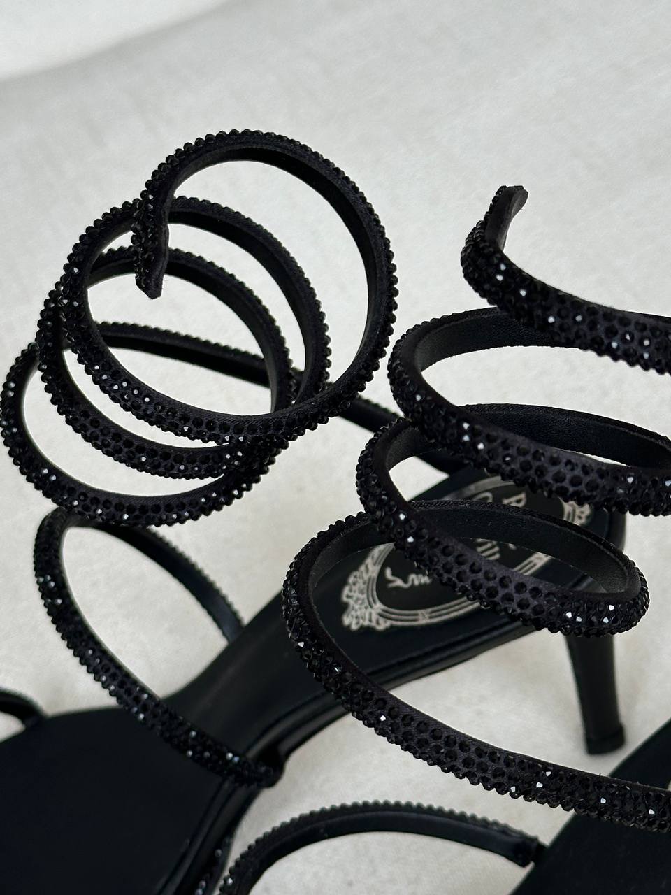 Rene Caovilla Black Crystal Snake-wrap Strap Open-toe Stiletto Heel Sandals