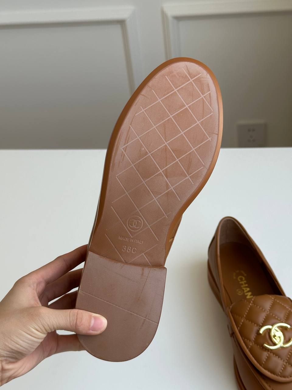 Chanel Caramel Brown Smooth Calfskin Quilted Flap Turn-Lock Gold CC Low-Heel Loafers