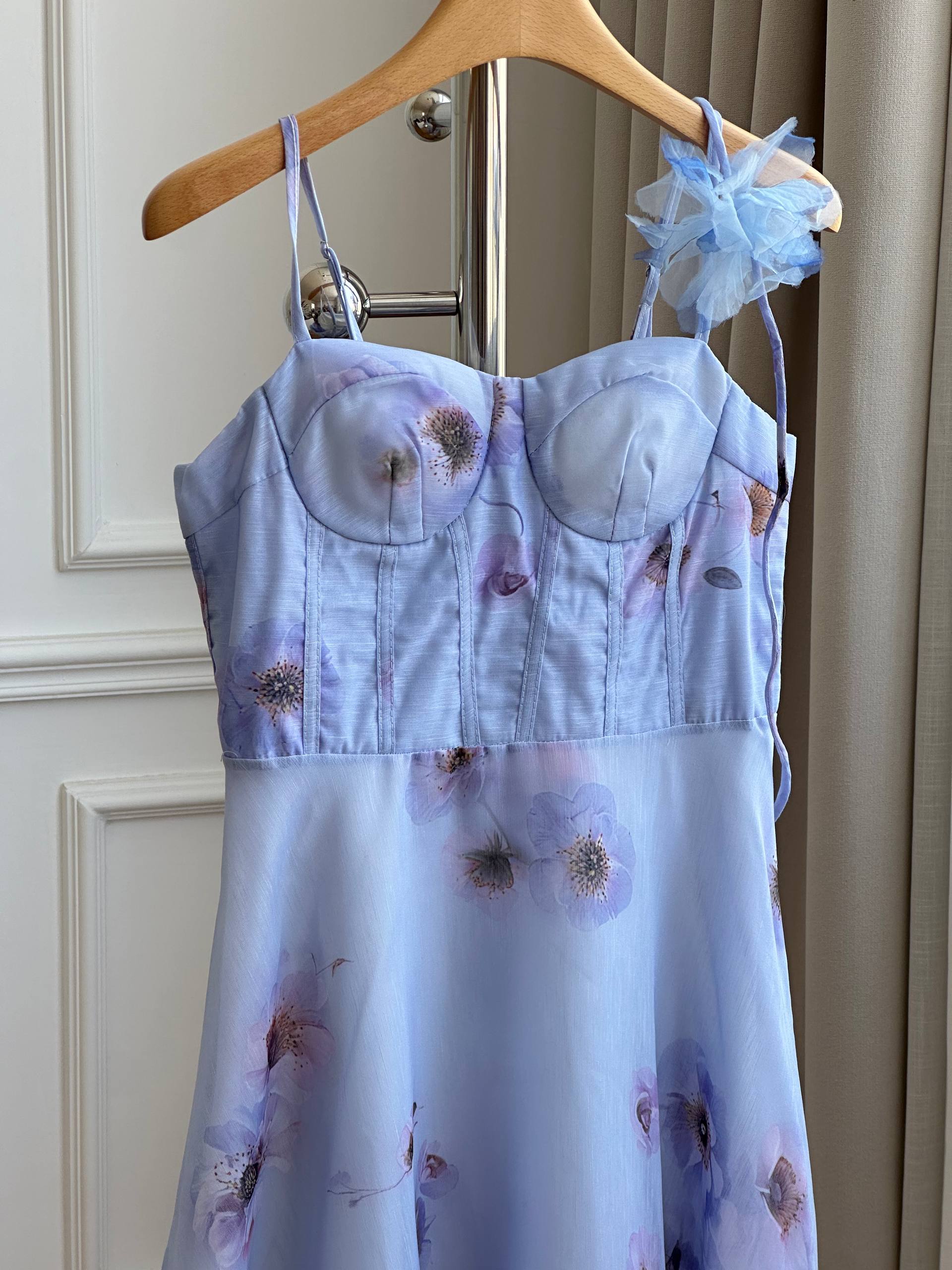 Zimmermann Hypnotic Floral Linen & Silk Bustier Midi Dress (Lavender Blue)