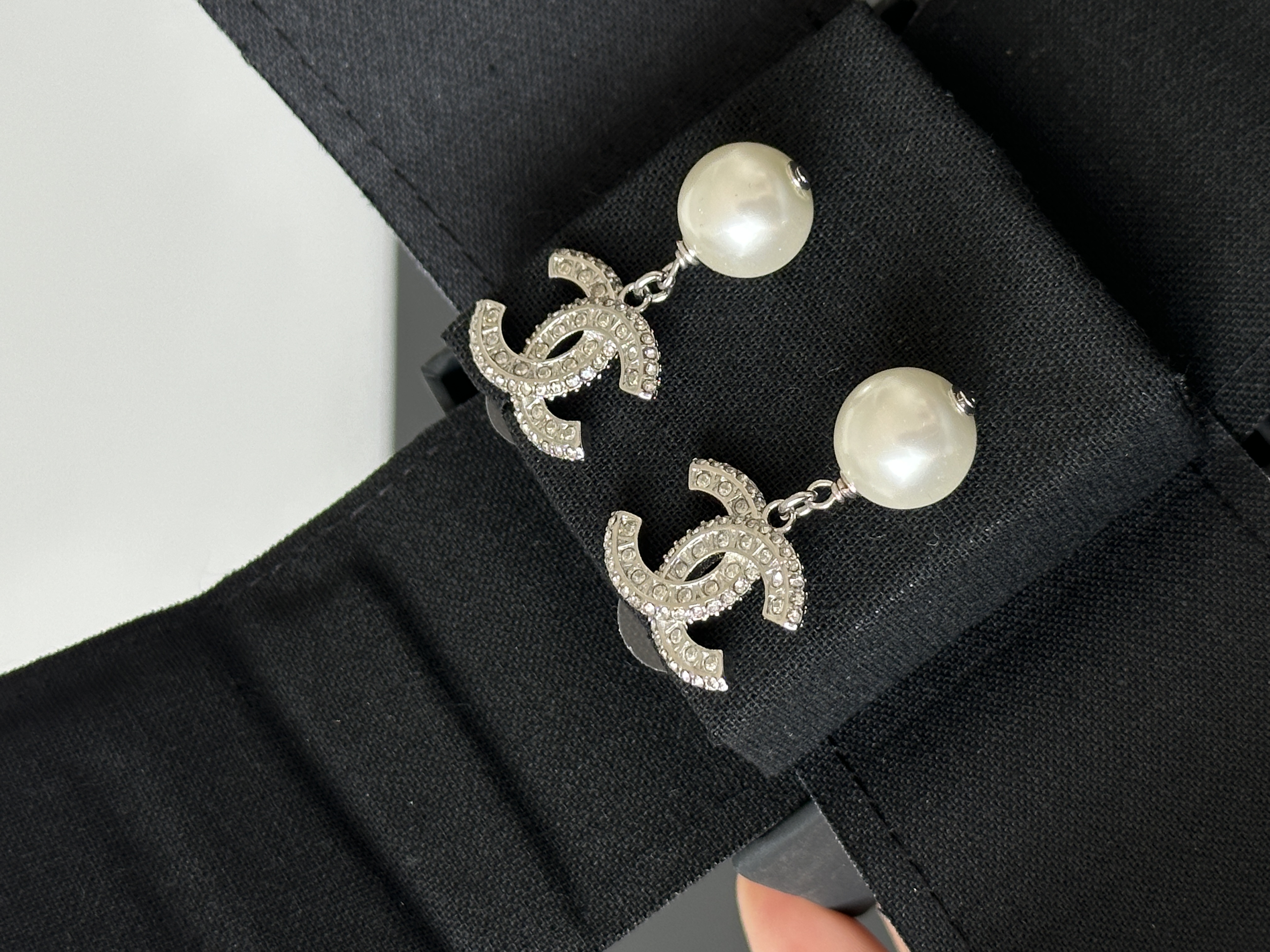 CHANEL Crystal CC Logo Faux Pearl Drop Earrings