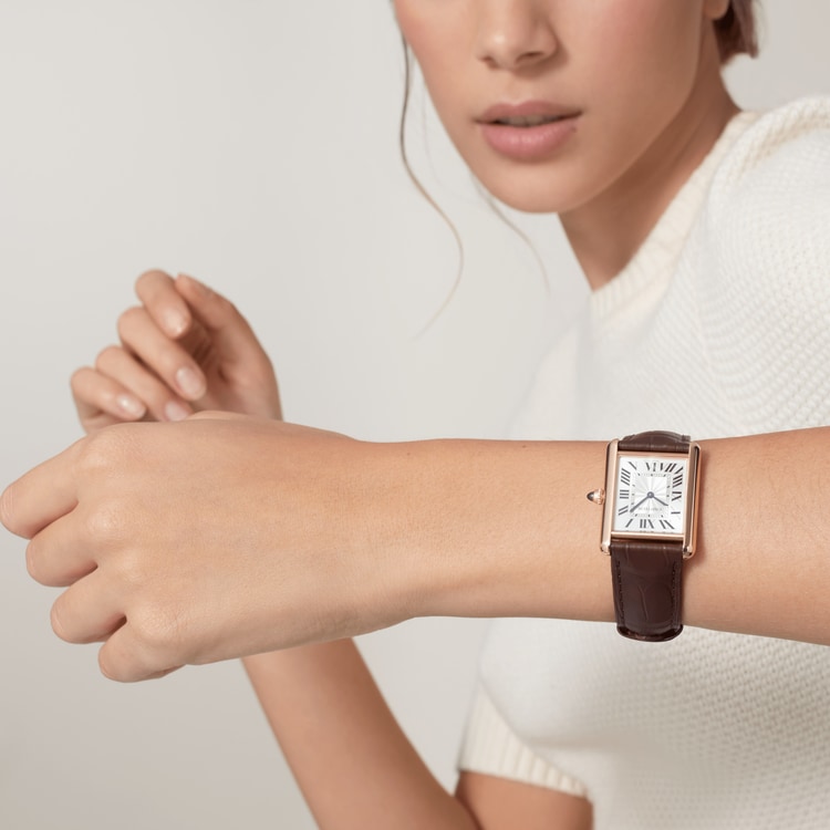 TANK LOUIS CARTIER WATCH Large model, hand-wound mechanical movement, rose gold, leather【1:1 Replica】