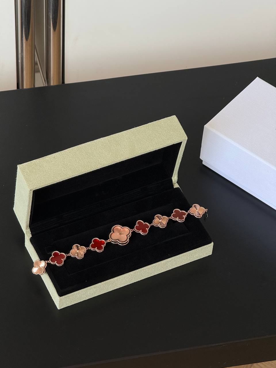 Van Cleef & Arpels Sweet Alhambra Carnelian and Guilloché Rose Gold Watch Bracelet