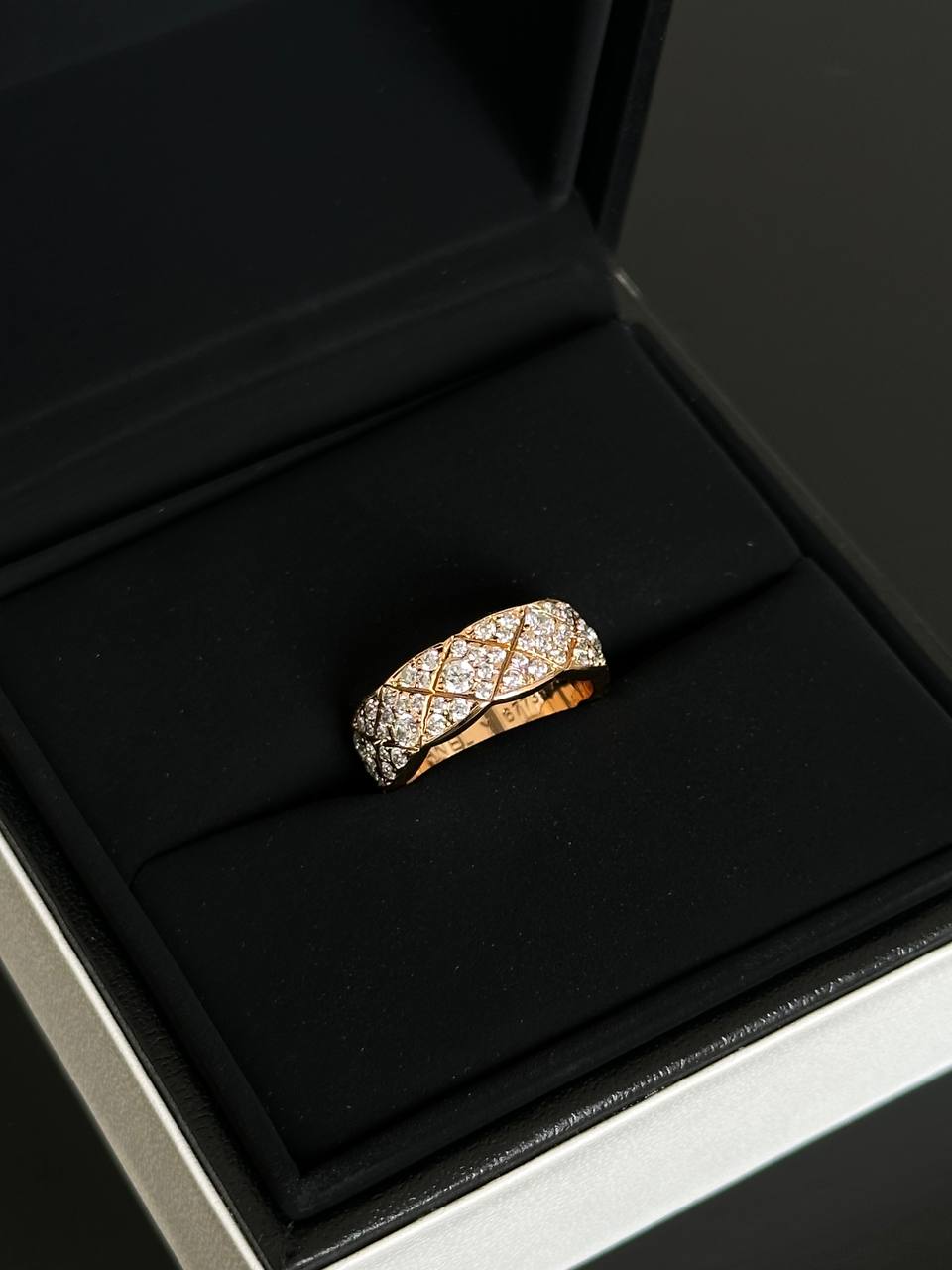 Chanel Coco Crush 18K Rose Gold Quilted Full Diamond Wide Band Ring