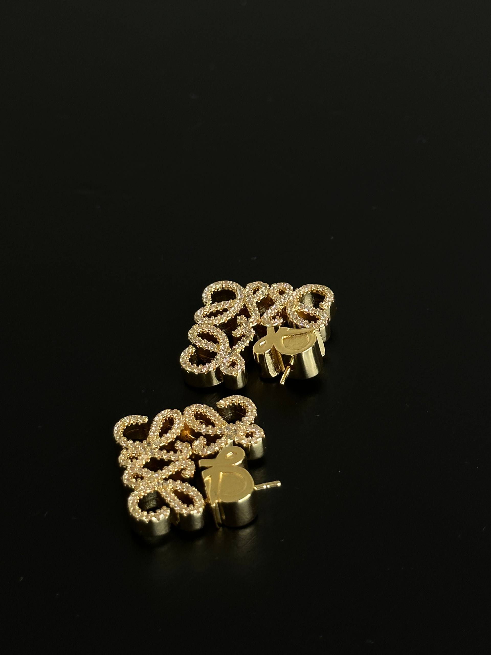 LOEWE Gold Paved Crystal Hollow Anagram Square Stud Earrings