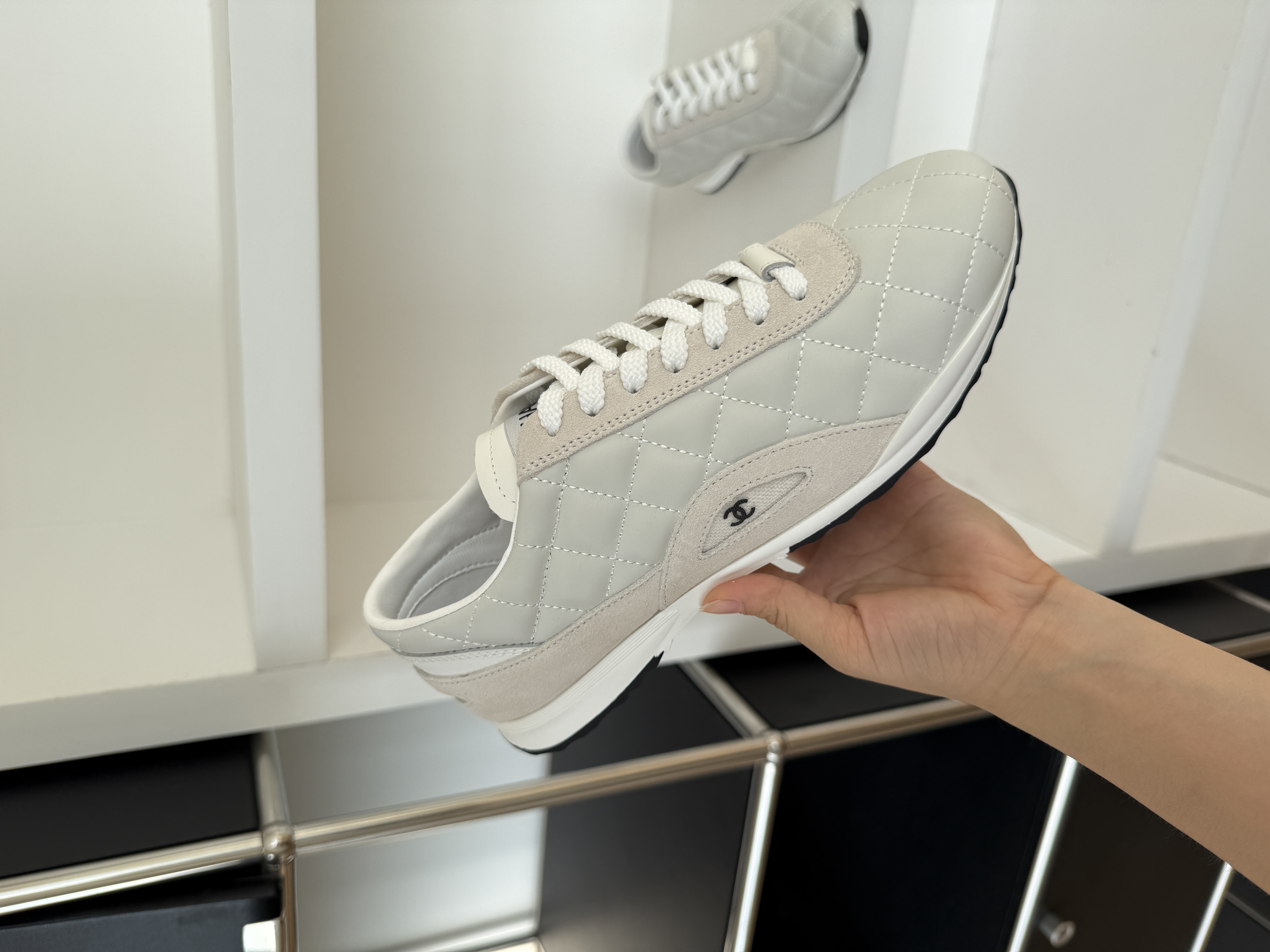Chanel Quilted Lambskin Suede Trim Lace-Up Trainer Sneakers