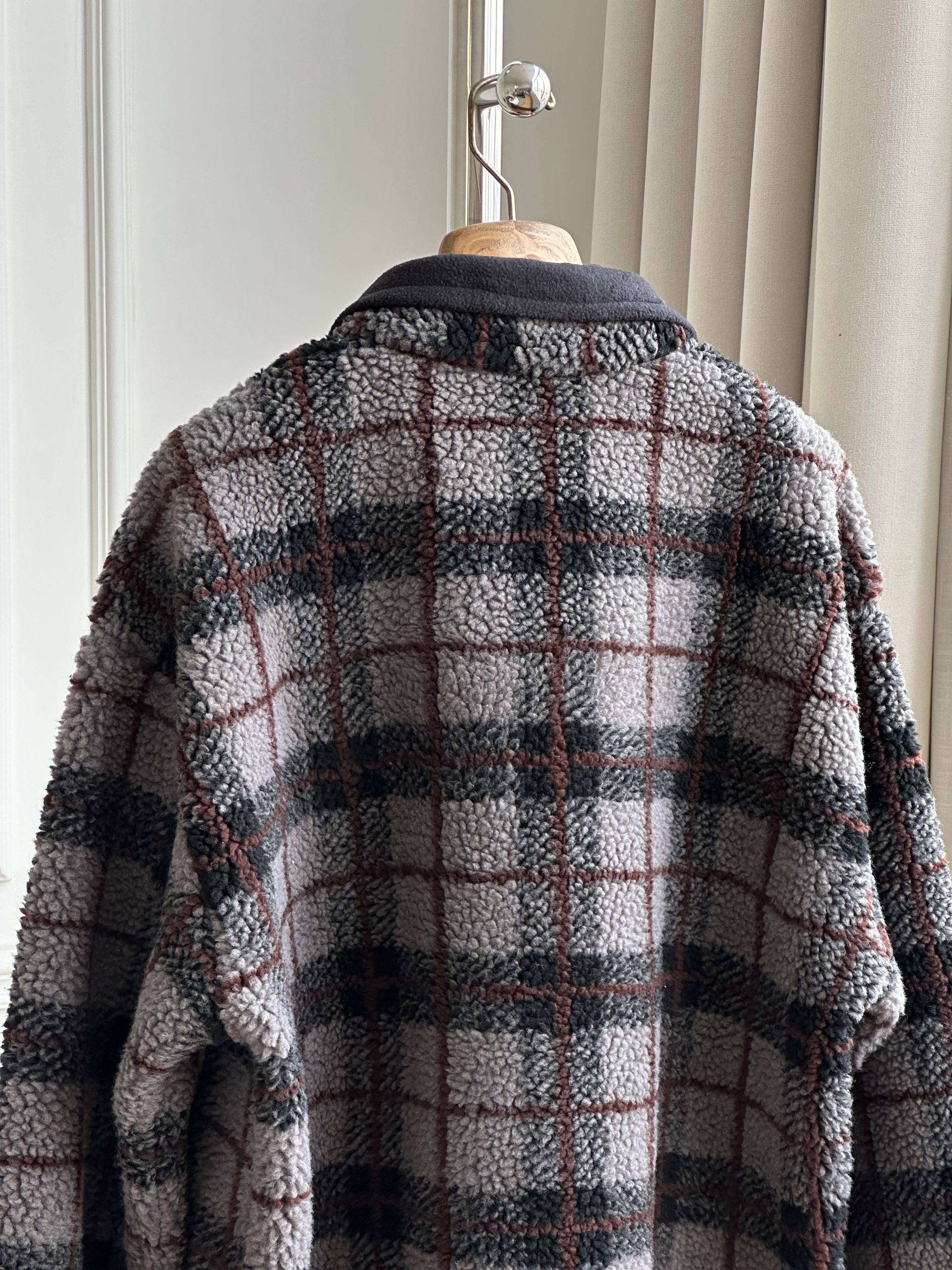 Miu Miu Plaid Fleece Stand Collar Zip-up Cropped Jacket