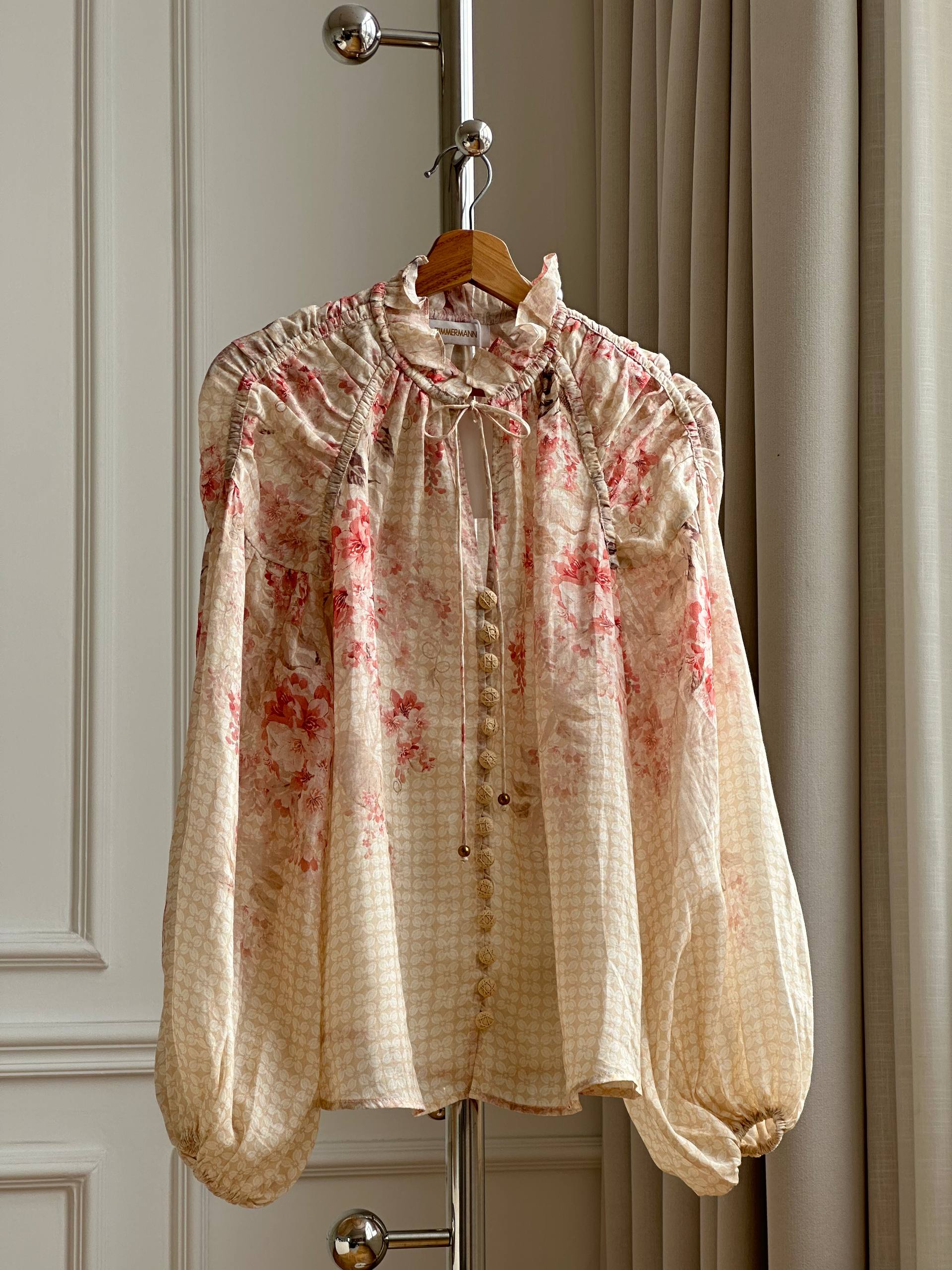 Zimmermann Floral Print Ruffled Neck Balloon Sleeve Blouse