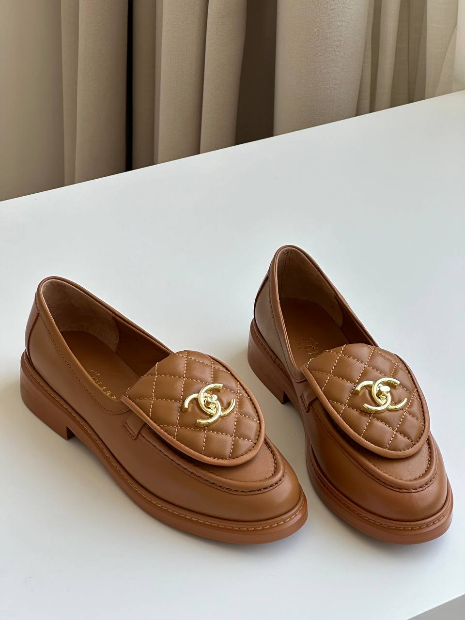 Chanel Caramel Brown Smooth Calfskin Quilted Flap Turn-Lock Gold CC Low-Heel Loafers