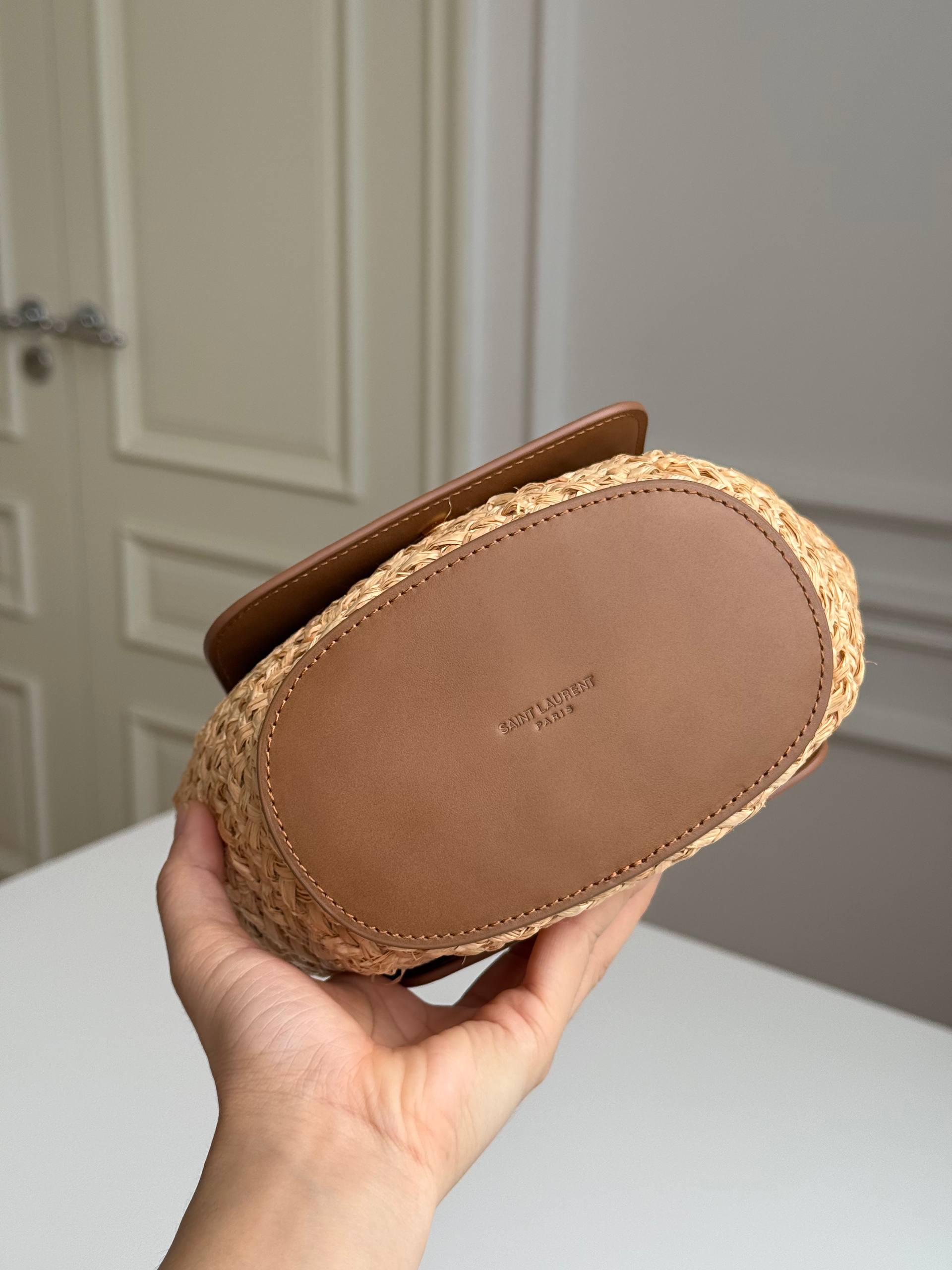Saint Laurent (YSL) Cassandre Raffia & Leather Mini Bucket Bag