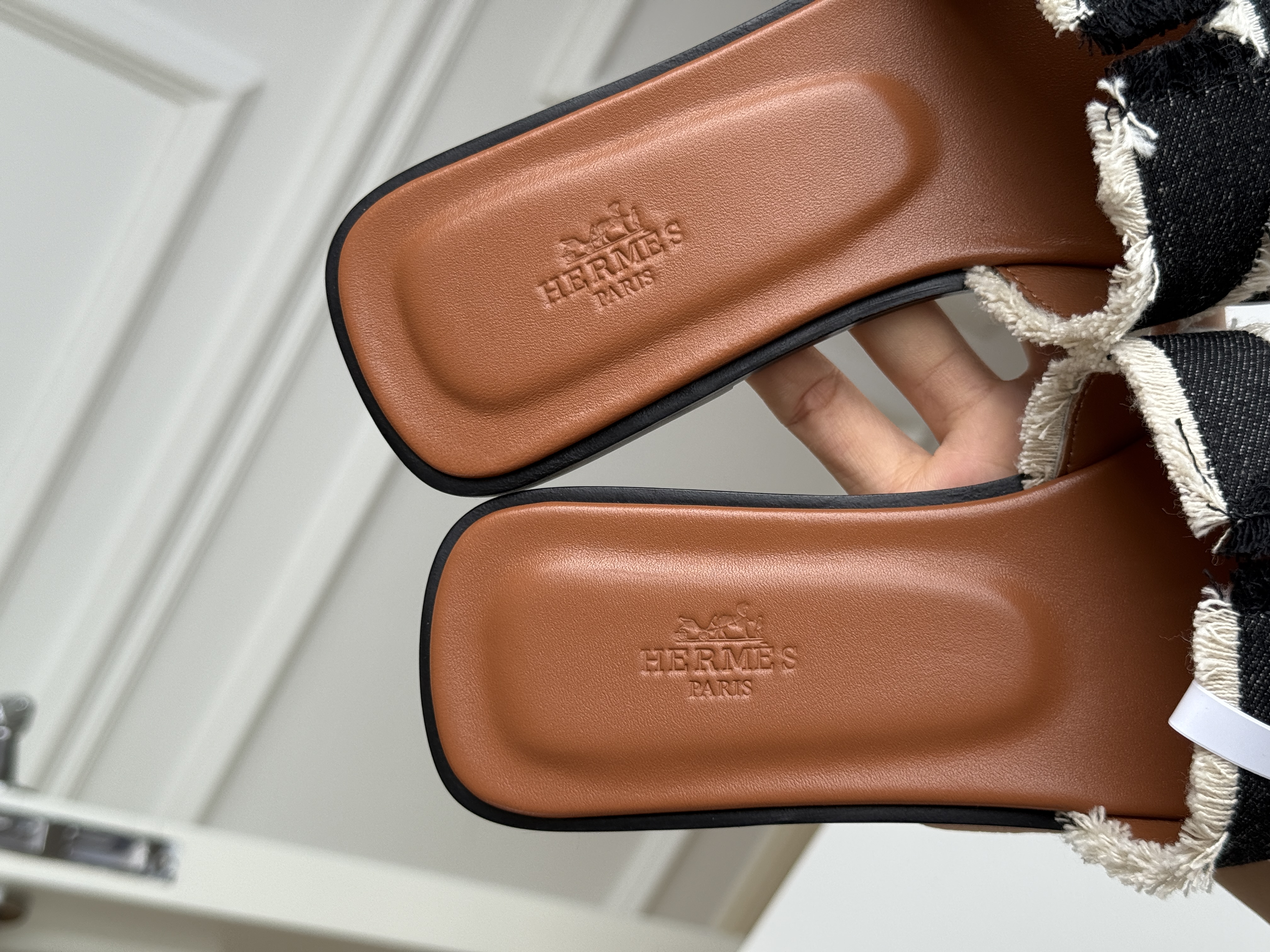Hermès Black Fringe Denim H Cutout Flat Slide Sandals