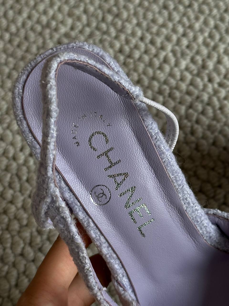 Chanel Light Purple Tweed & Black Patent Leather Pointed Slingback Block Heels