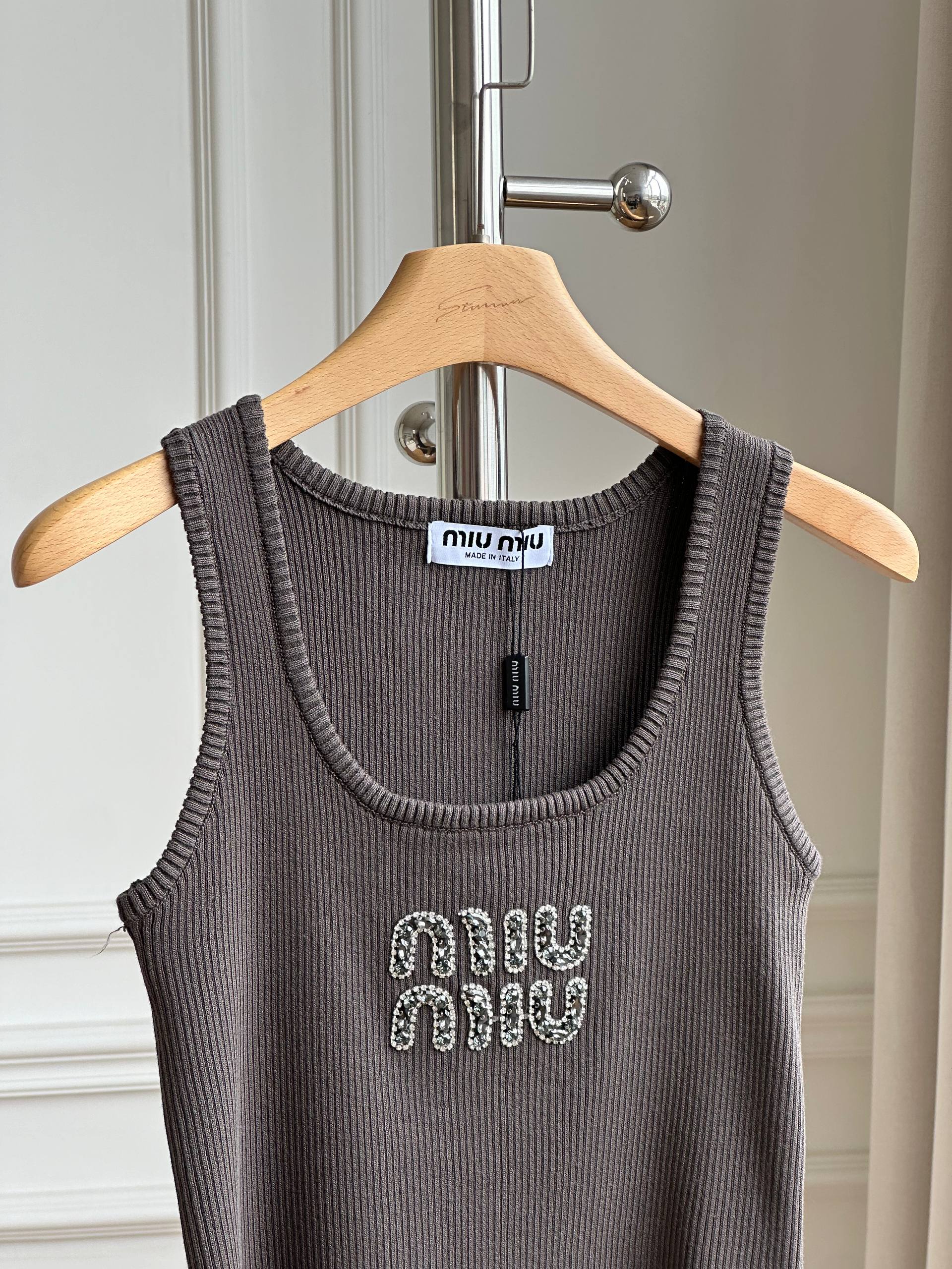 Miu Miu Crystal Logo Ribbed Knit U-Neck Tank Top