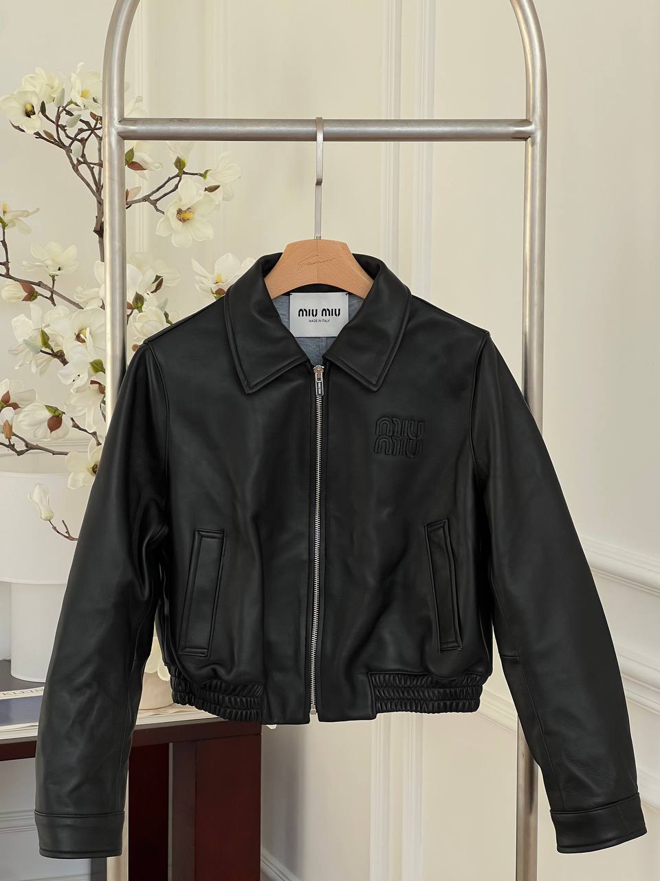 Miu Miu Black Collared Embossed Logo Cropped Lambskin Leather Jacket