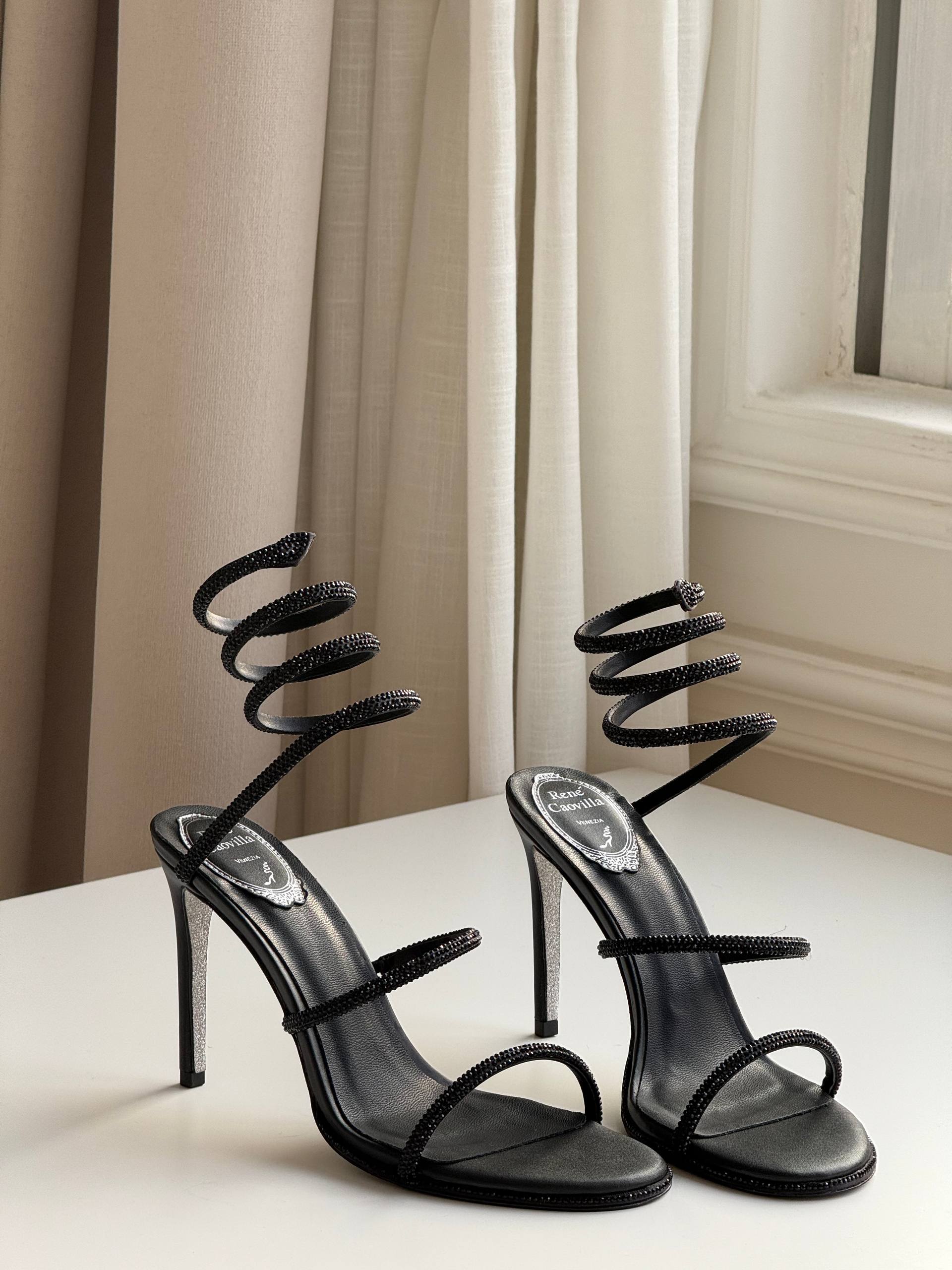 Rene Caovilla Cleo Black Crystal Wrap-around Sandals