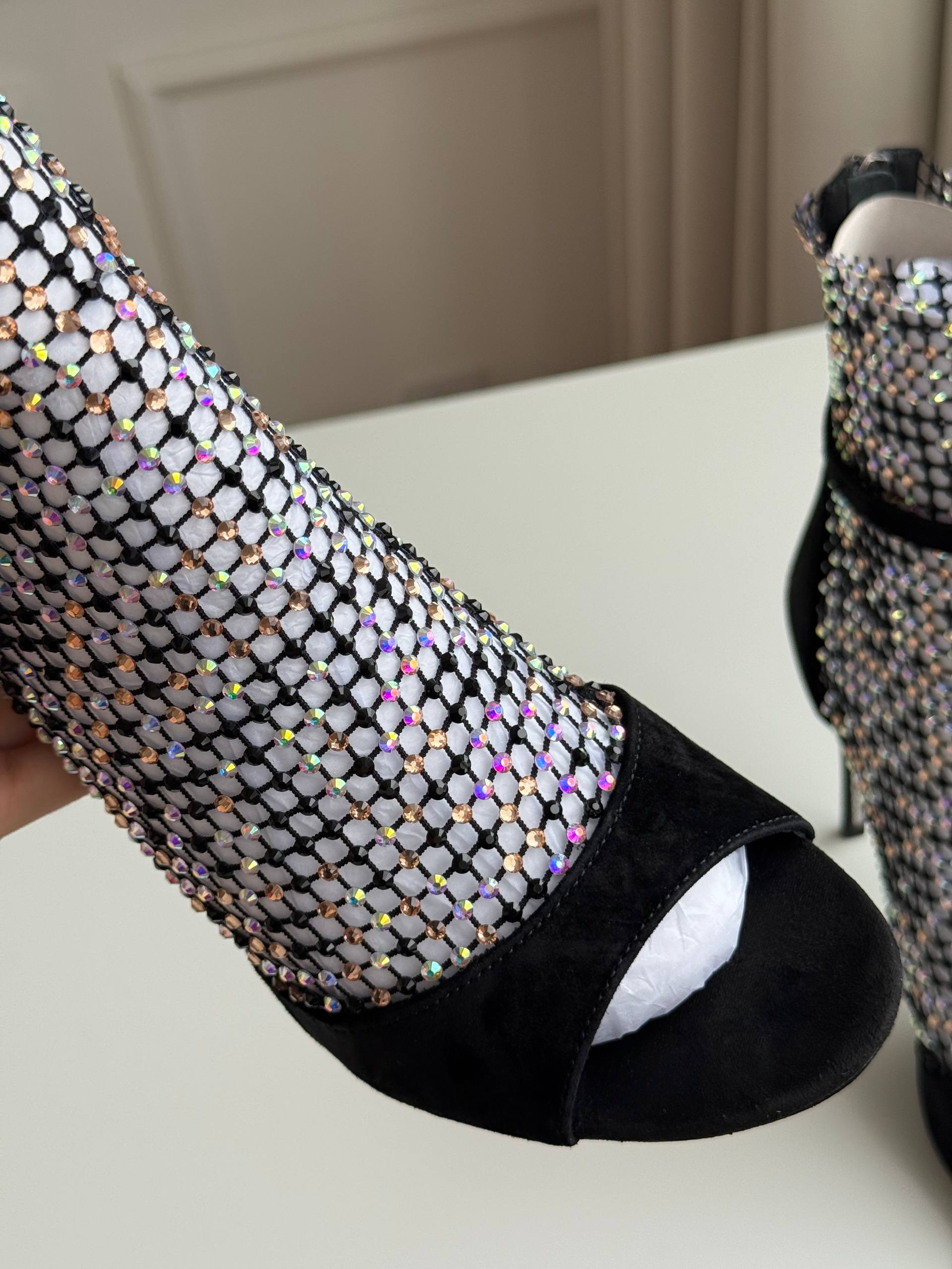 Rene Caovilla Fishnet Crystal Open-Toe Stiletto Ankle Boots