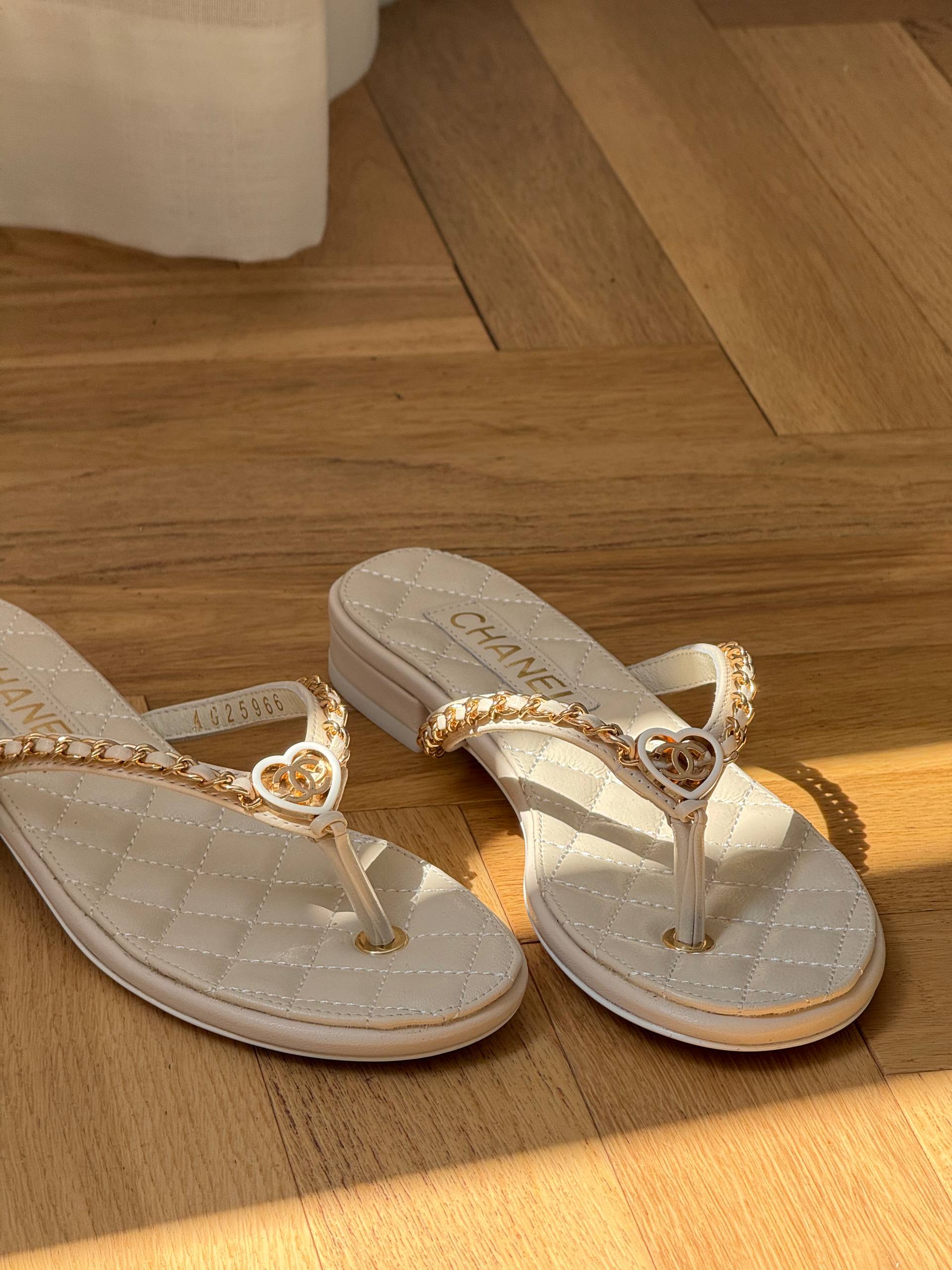 Chanel Quilted Lambskin Heart & Chain Thong Sandals