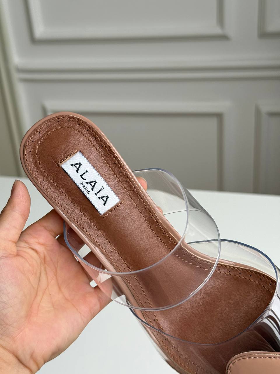 ALAÏA Heart PVC & Patent Leather Pointed-Toe Mules Nude
