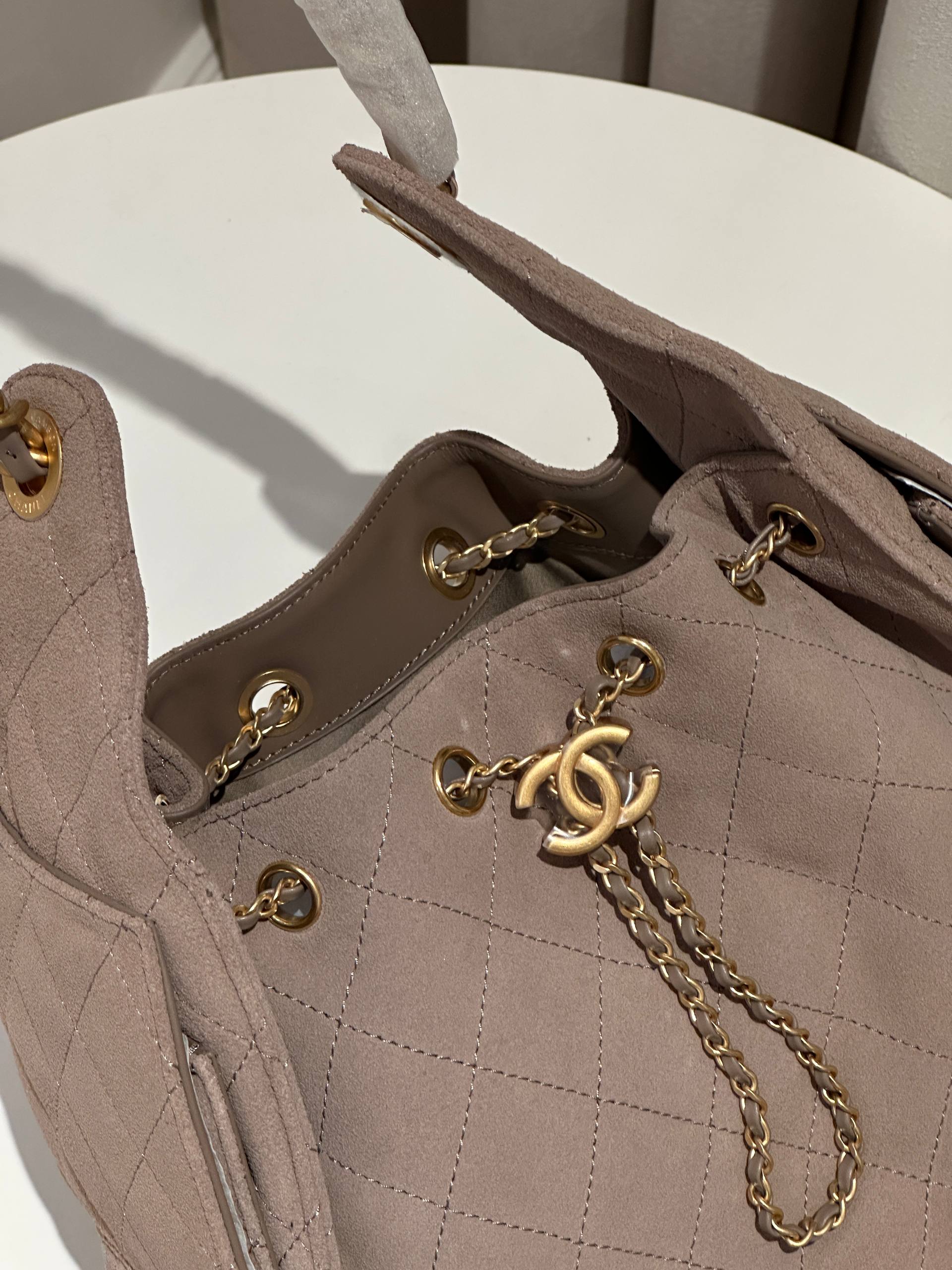 CHANEL Small 25 Bag in Taupe Grey Suede