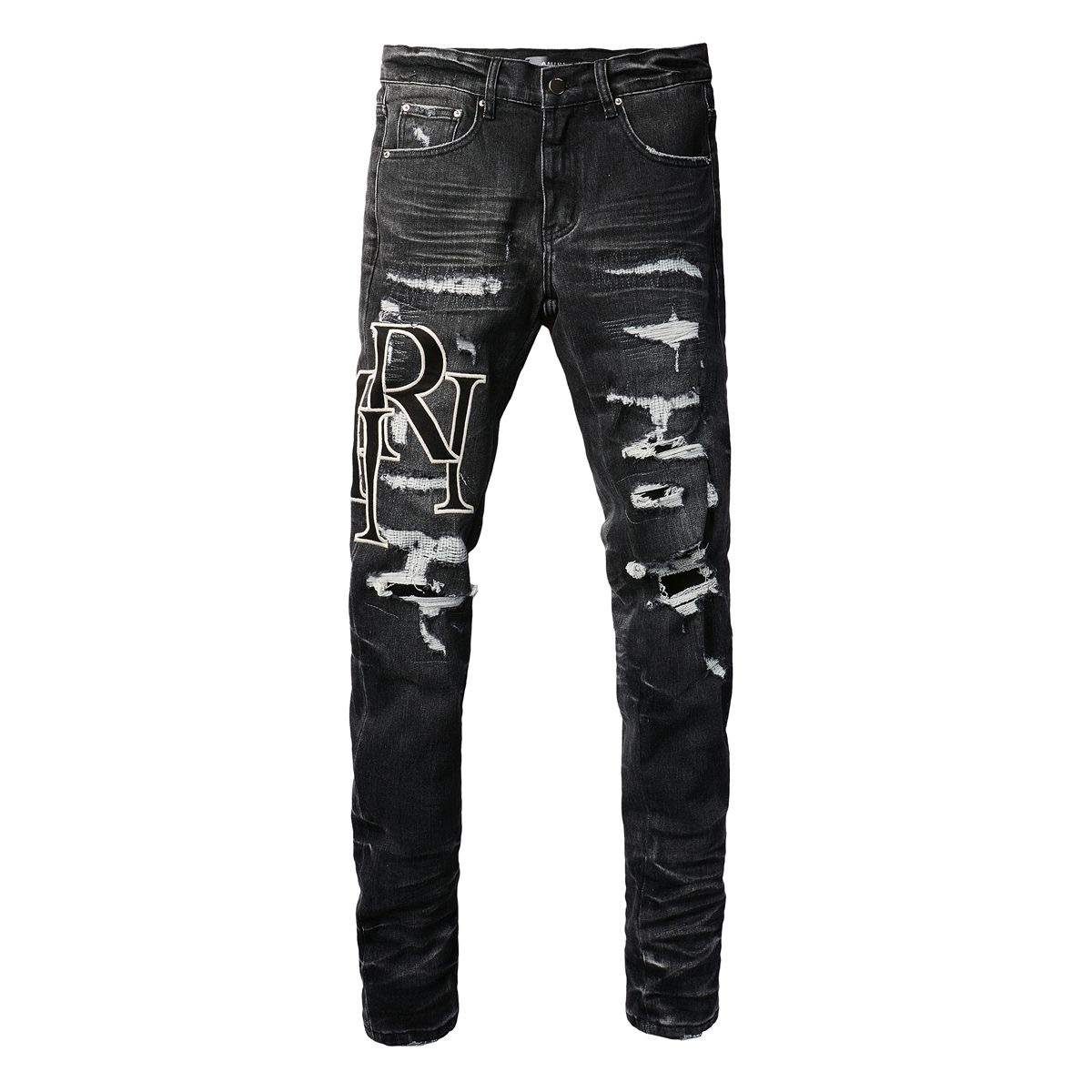No. 8836 Big Letters Logo Ripped Jeans Black