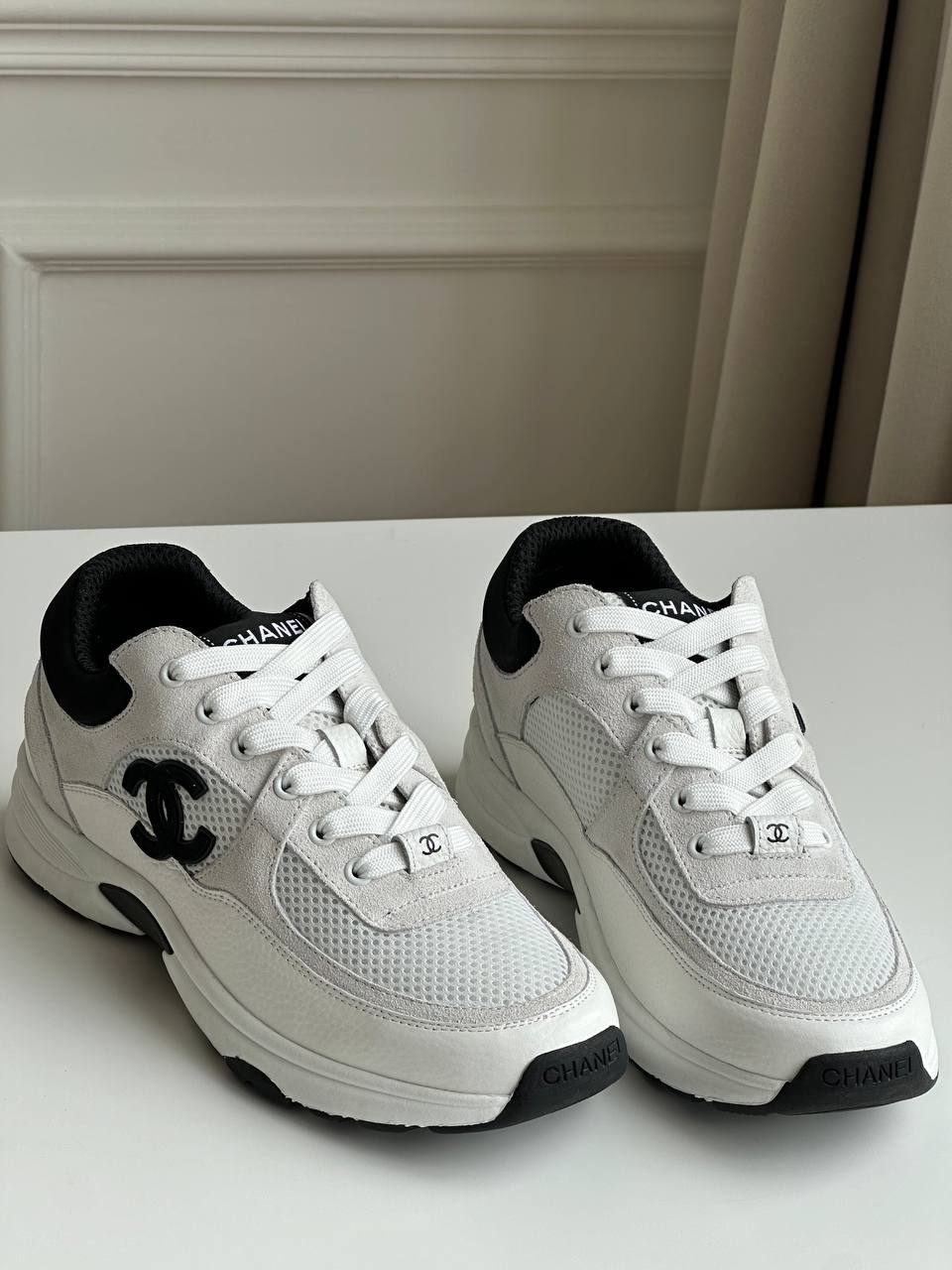 Chanel White Mesh Calfskin Suede Black Interlocking CC Platform Sneakers