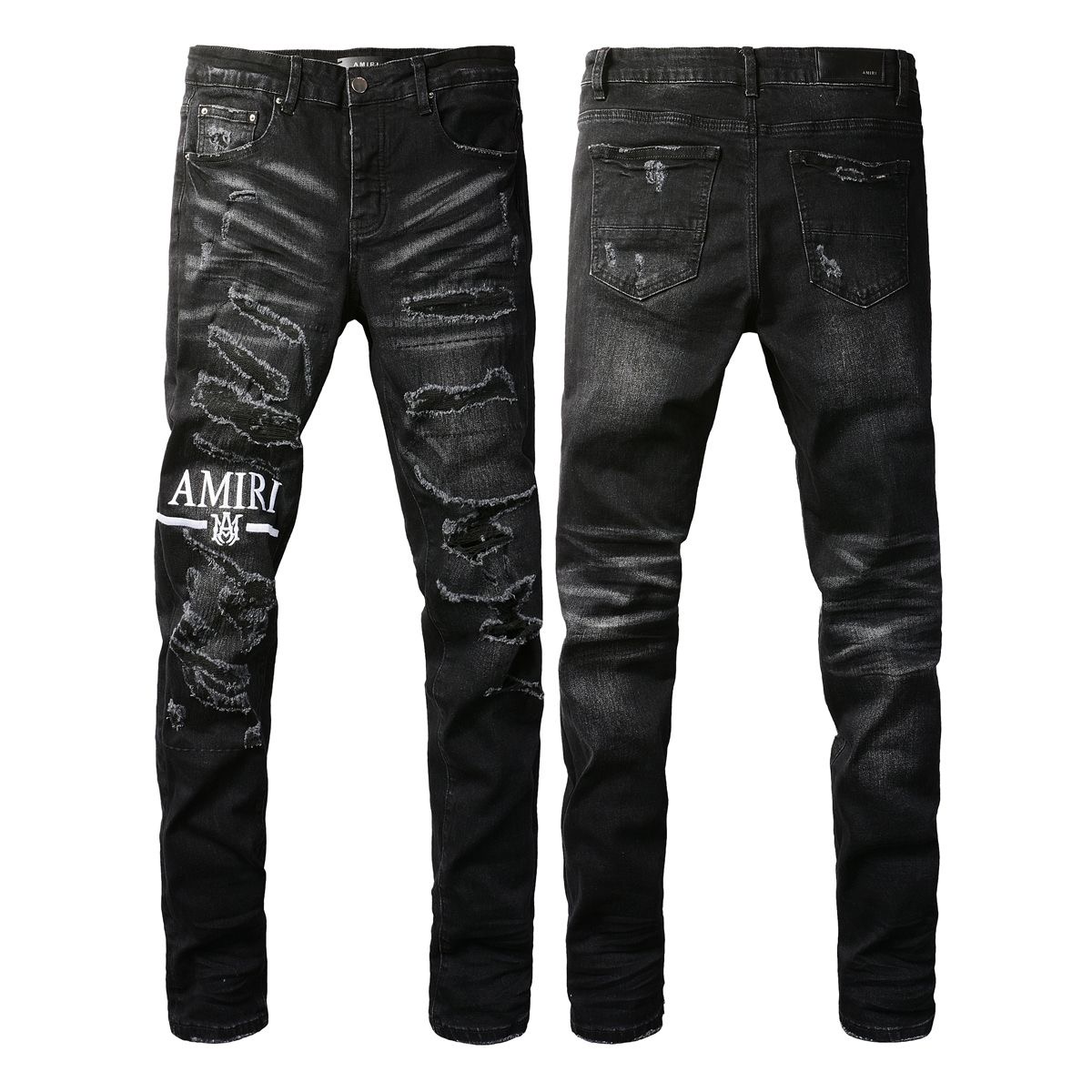 No. 8882 White Logo Ripped Jeans Black