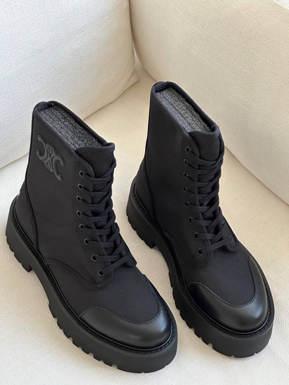 CELINE Black Canvas & Leather Triomphe Platform Lace-Up Ankle Boots