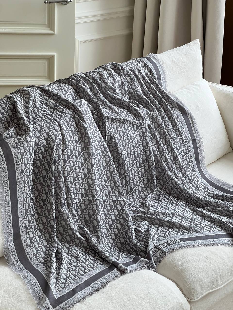 Dior Grey Classic Oblique Jacquard Fringe Wool Blend Large Shawl Scarf