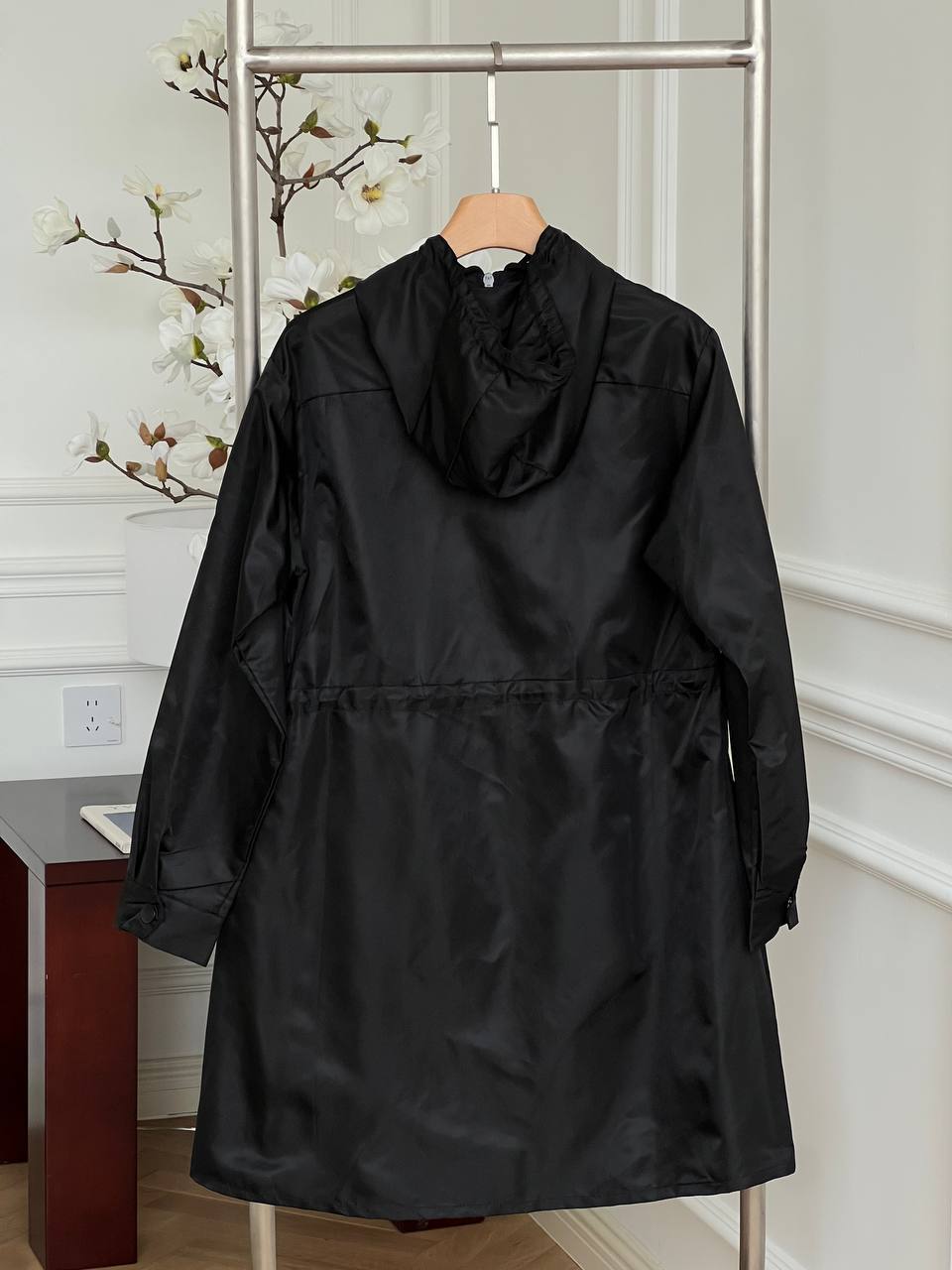 Prada Black Re-Nylon Triangle Logo Waisted Hooded Mid-length Trench Coat