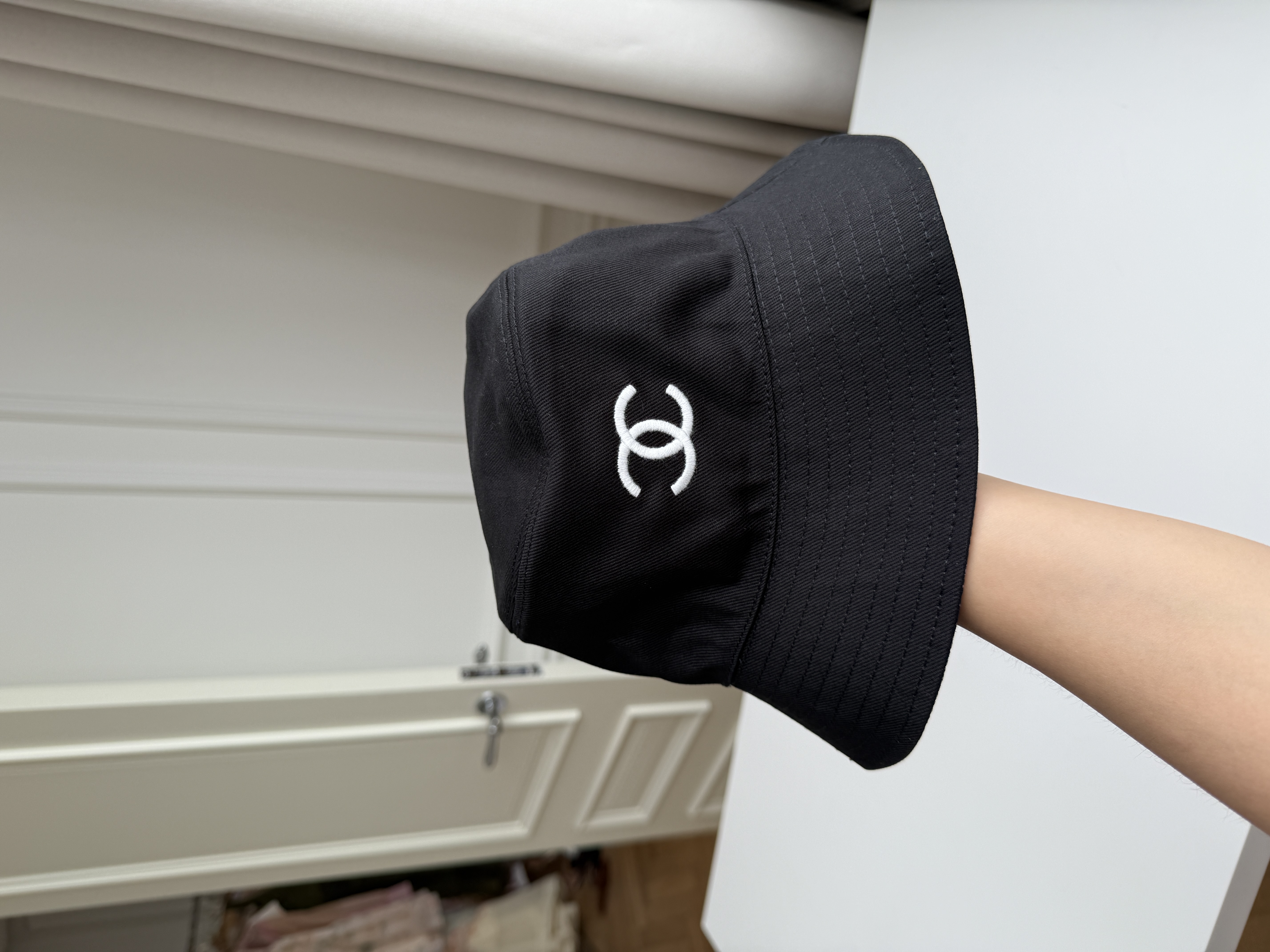 Chanel Black Twill Fabric Bucket Hat With White Interlocking CC Embroidery