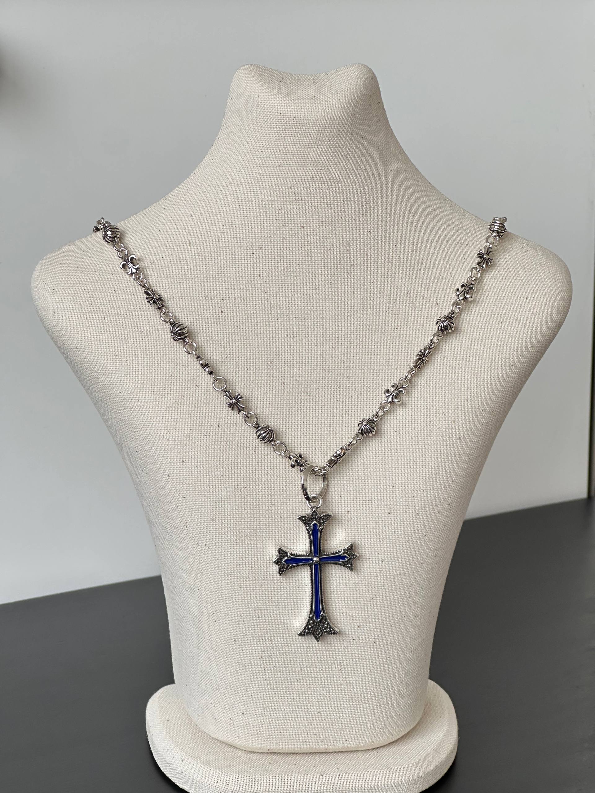 Chrome Hearts Cross Pendant Necklace with Blue Enamel