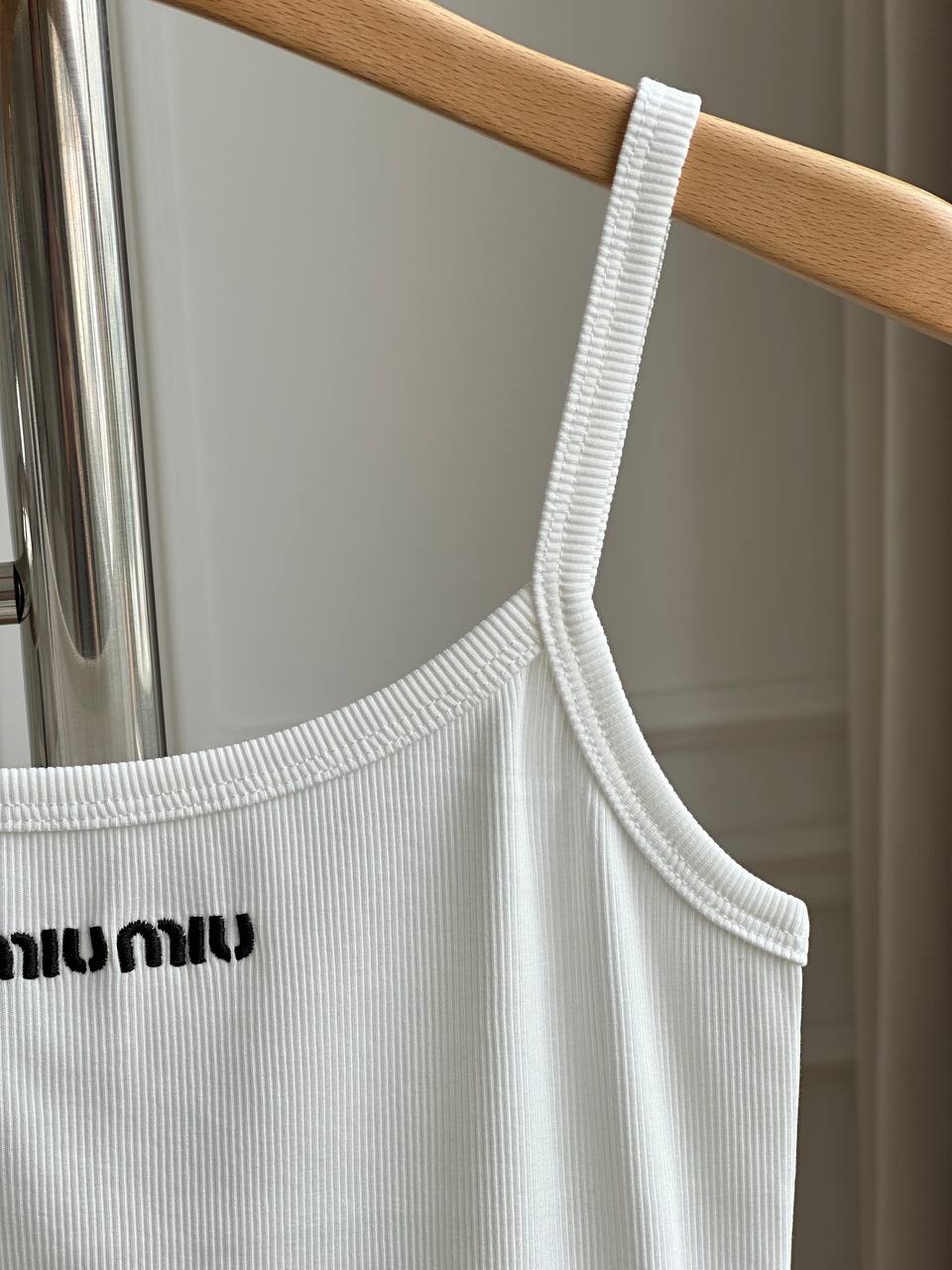 Miu Miu White Ribbed Knit U-Neck Thin Strap Tank Top With Black Embroidery Logo