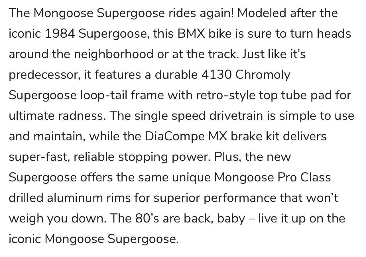 Mongoose Supergoose 20” Bike New 69CIA