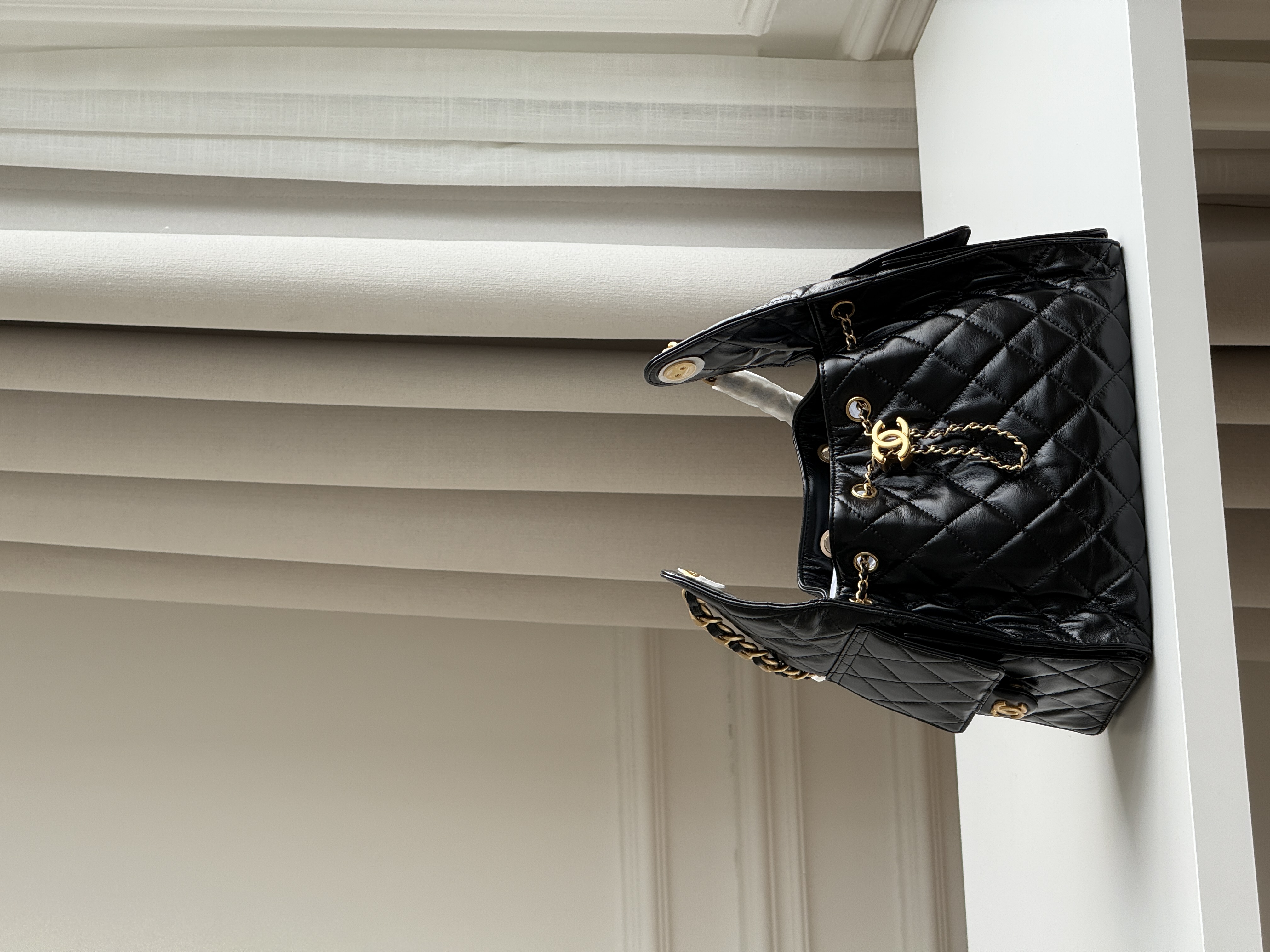 Chanel 25C Black Gold Waxed Leather Drawstring Hobo Bag