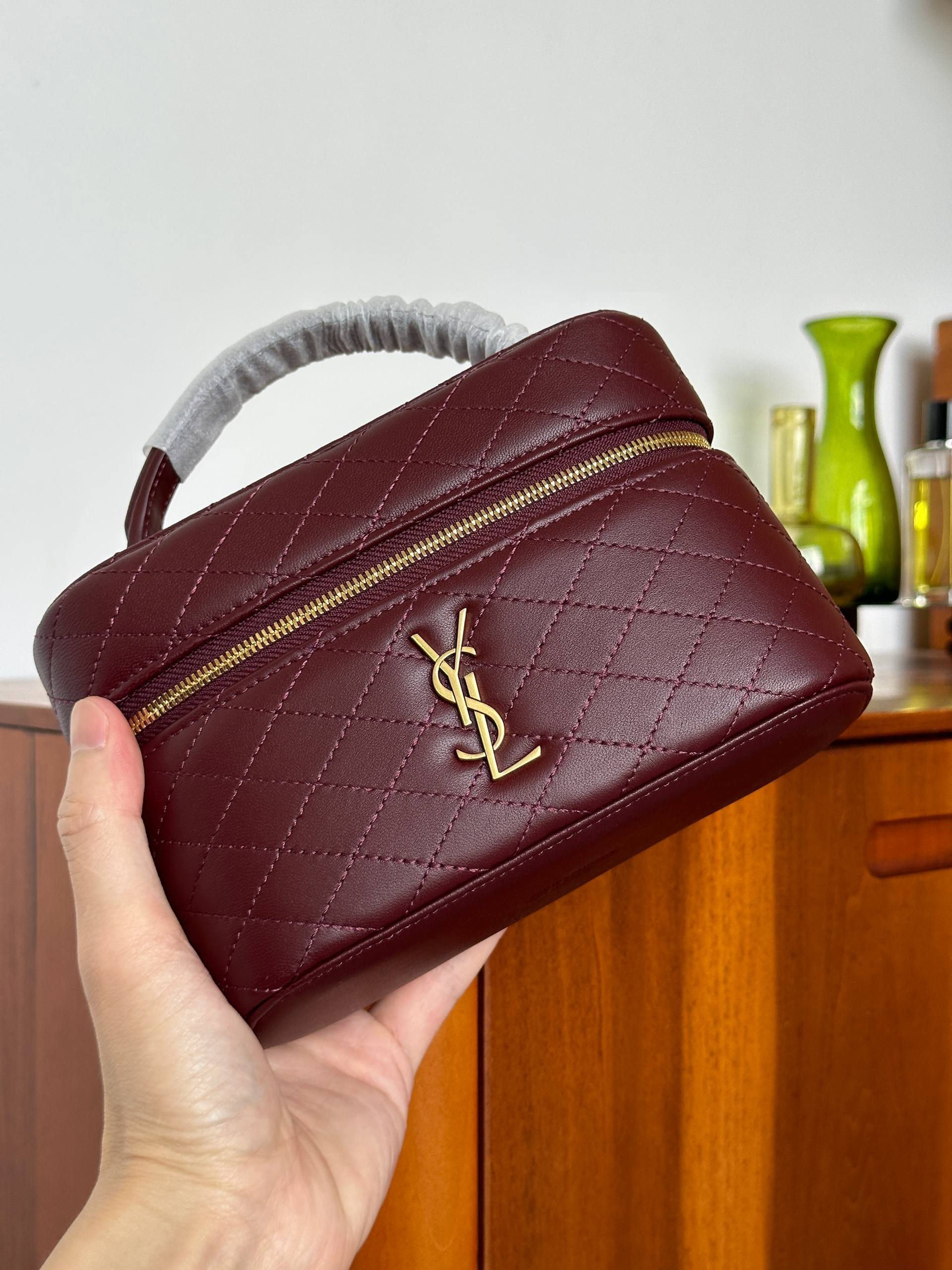 Yves Saint Laurent Burgundy Quilted Lambskin Mini Vanity Top Handle Bag