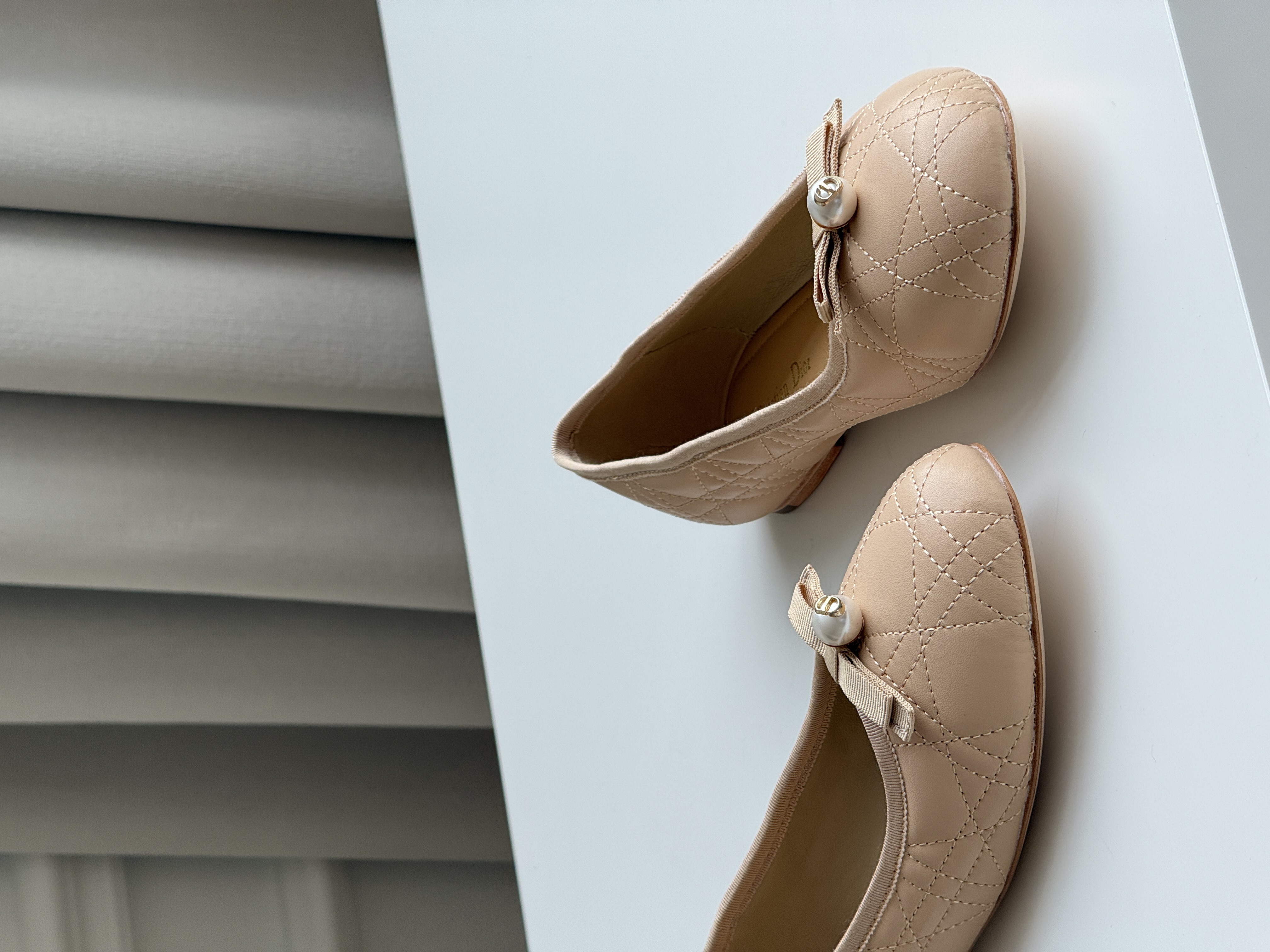 Nude Quilted Pearl Bow Flat Ballet Shoes