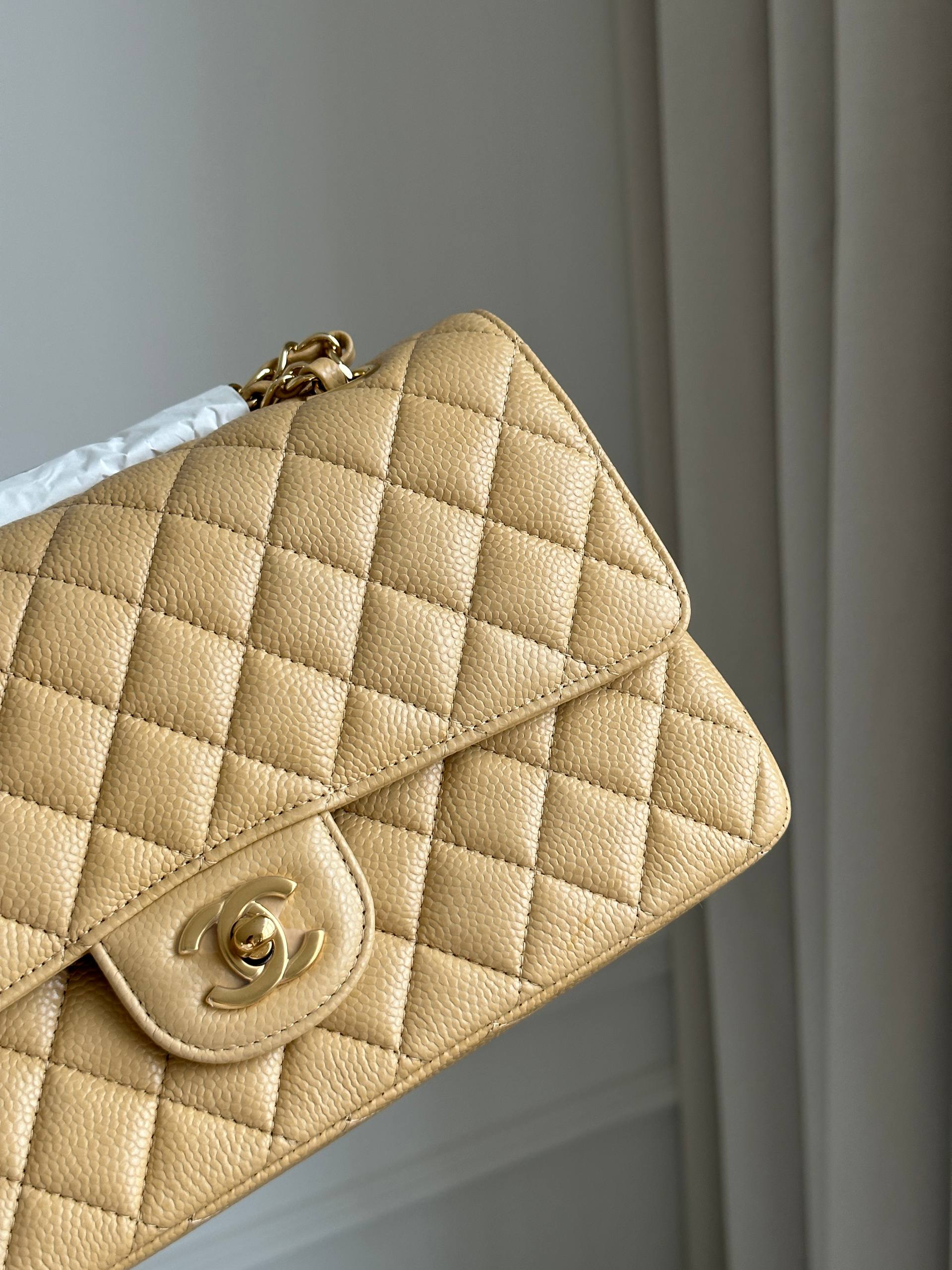 Chanel Medium Classic Flap Beige Caviar Leather Quilted Chain Bag