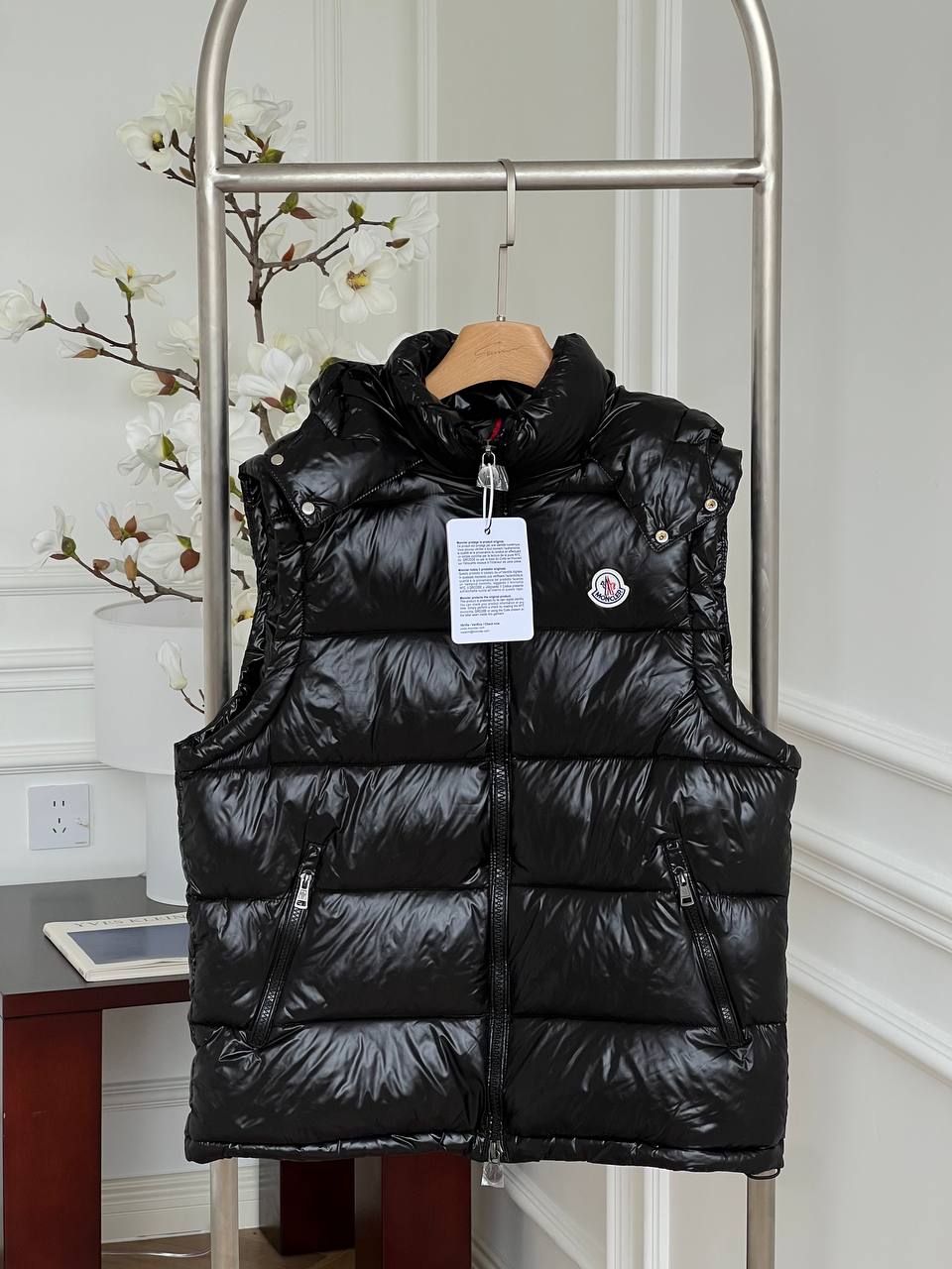Moncler Black Shiny Nylon Detachable Hood Down Gilet Vest