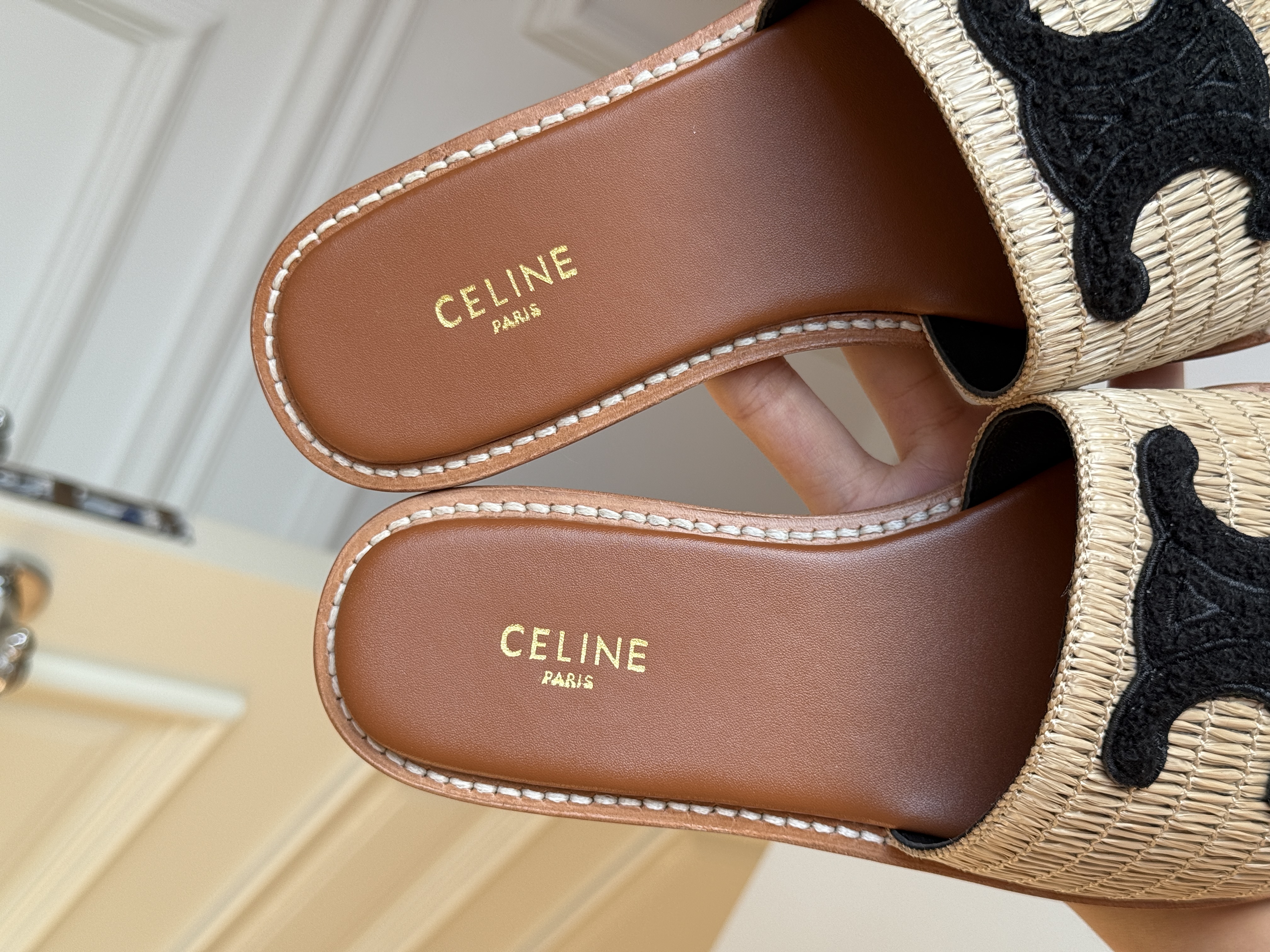 Celine Lympia Raffia Triomphe Slide Sandal