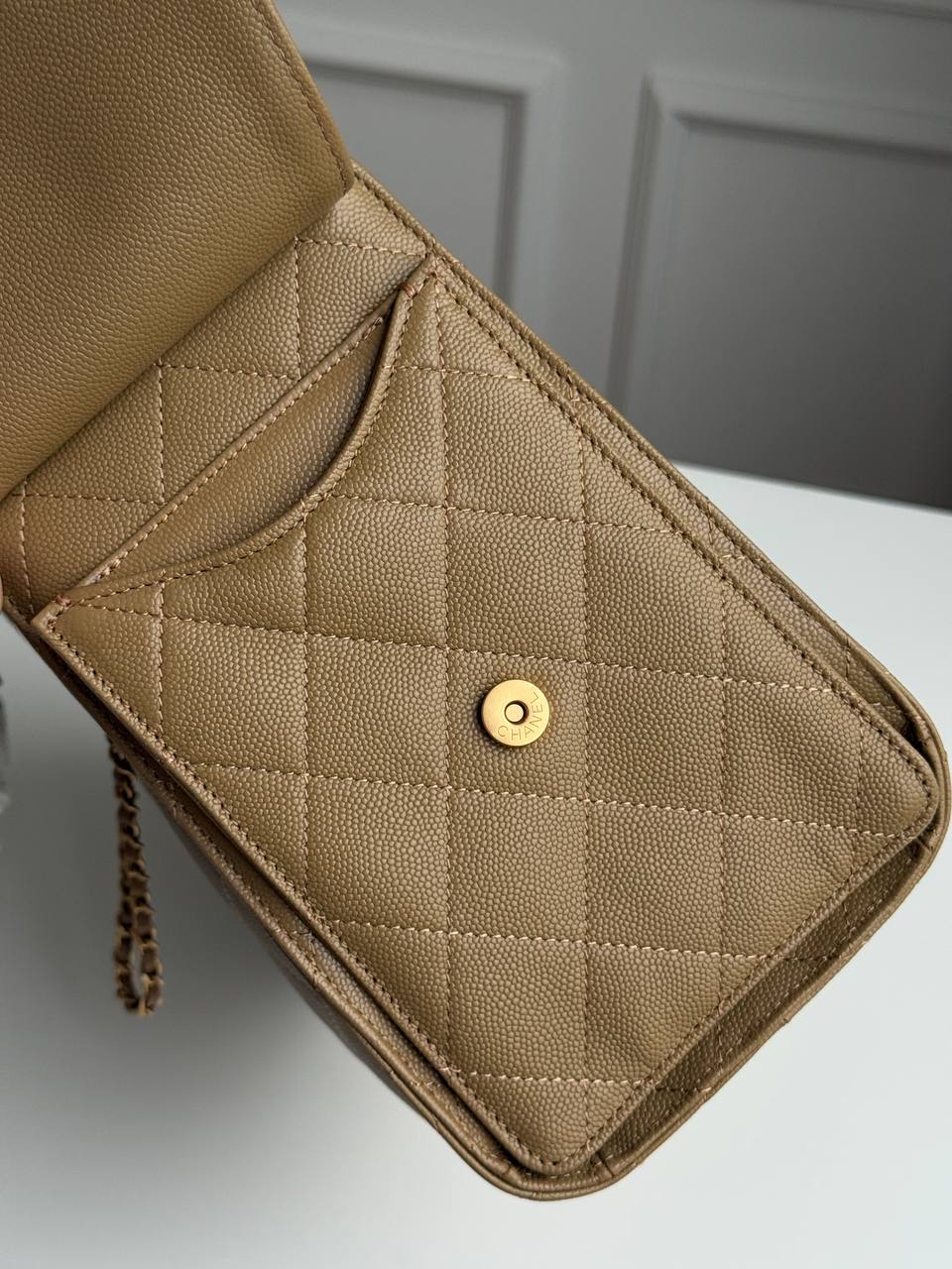 Chanel 25 Caramel Caviar Quilted Drawstring Bucket Bag