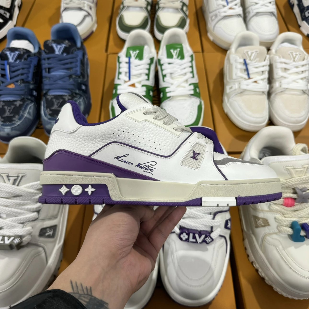 LV Full Letters Logo Trainer Shoes Purple & White