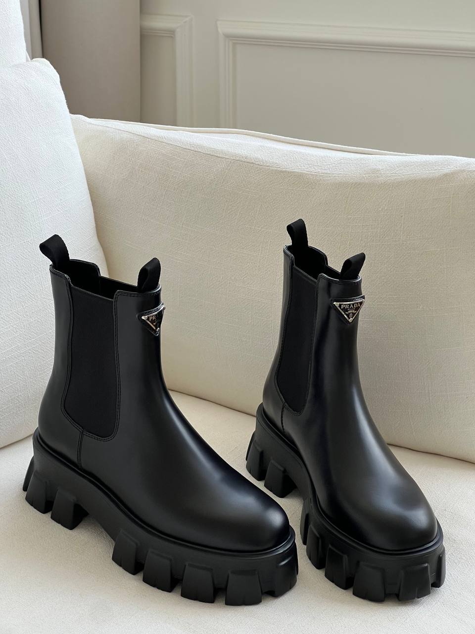 Prada Black Leather Monolith Platform Chelsea Ankle Boots