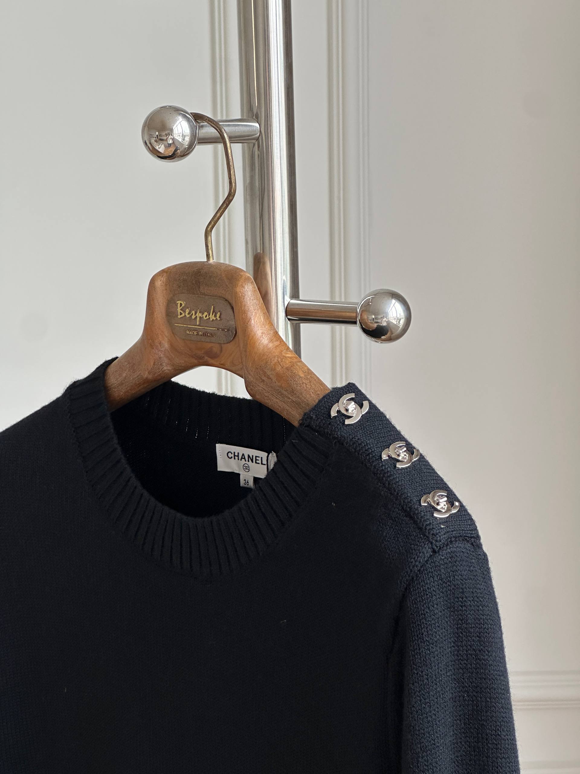 Chanel Black Crew Neck Shoulder Button Wool Knit Sweater
